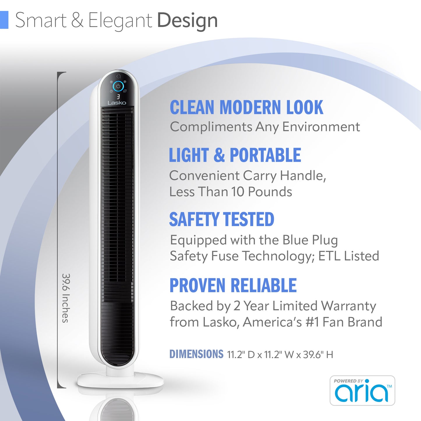 Lasko Aria™ T40735 40" 5-Speed WiFi Smart Tower Fan with Dark Mode, White