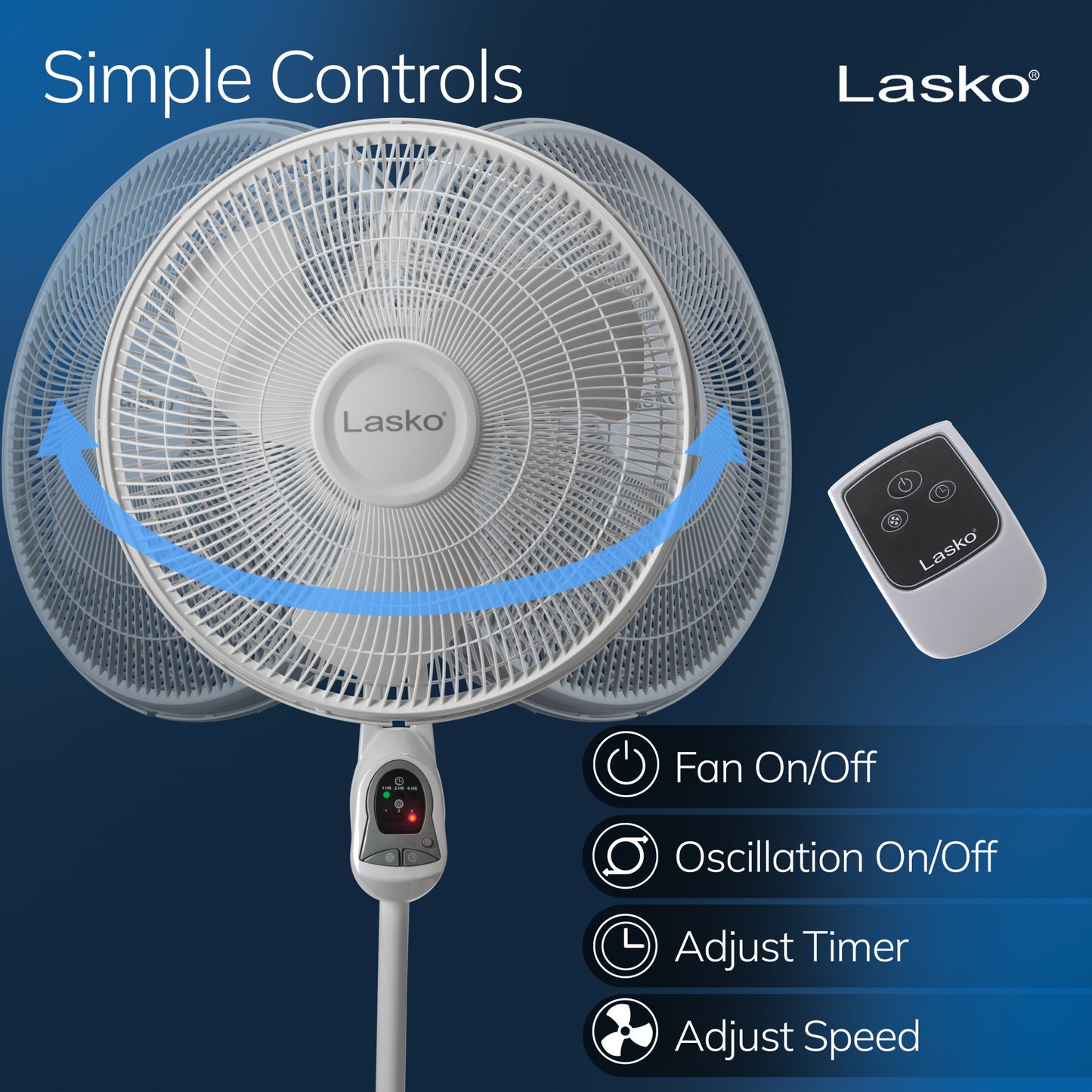 Lasko 16" Oscillating 3-Speed Pedestal Fan with Remote Control, 1646, White