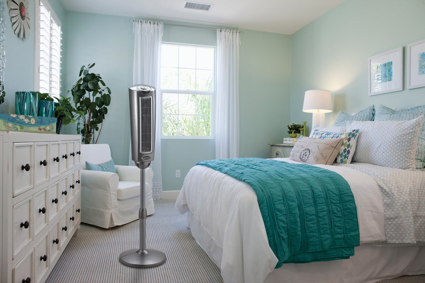 Lasko 52 in. Adjustable Space-Saving Oscillating Pedestal Tower Fan with 3-Speeds, Timer and Remote, Gray, 2535