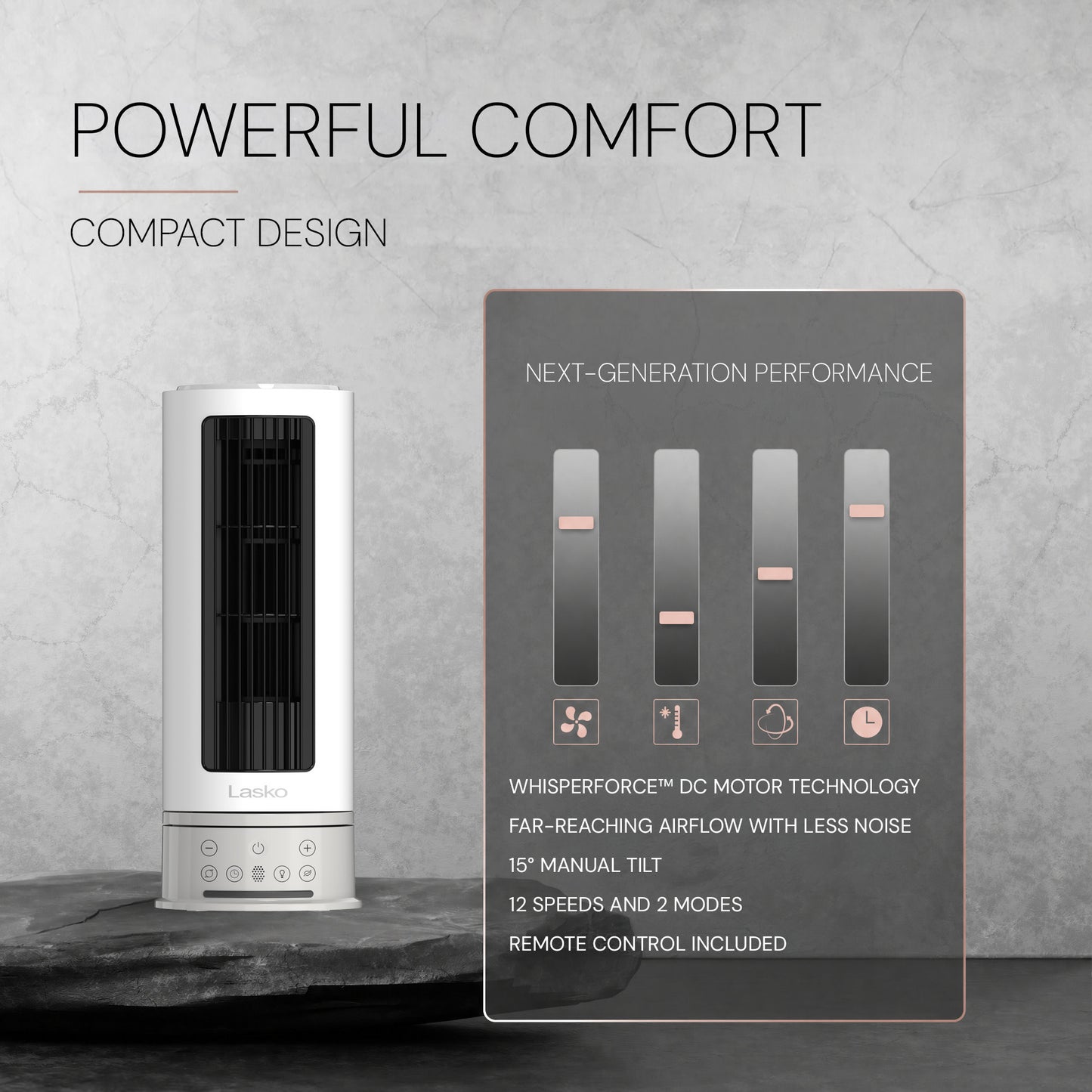 Lasko Pinnacle 15" DC Table Fan: Oscillating, 12-Speed, 15° Tilt, Remote, White