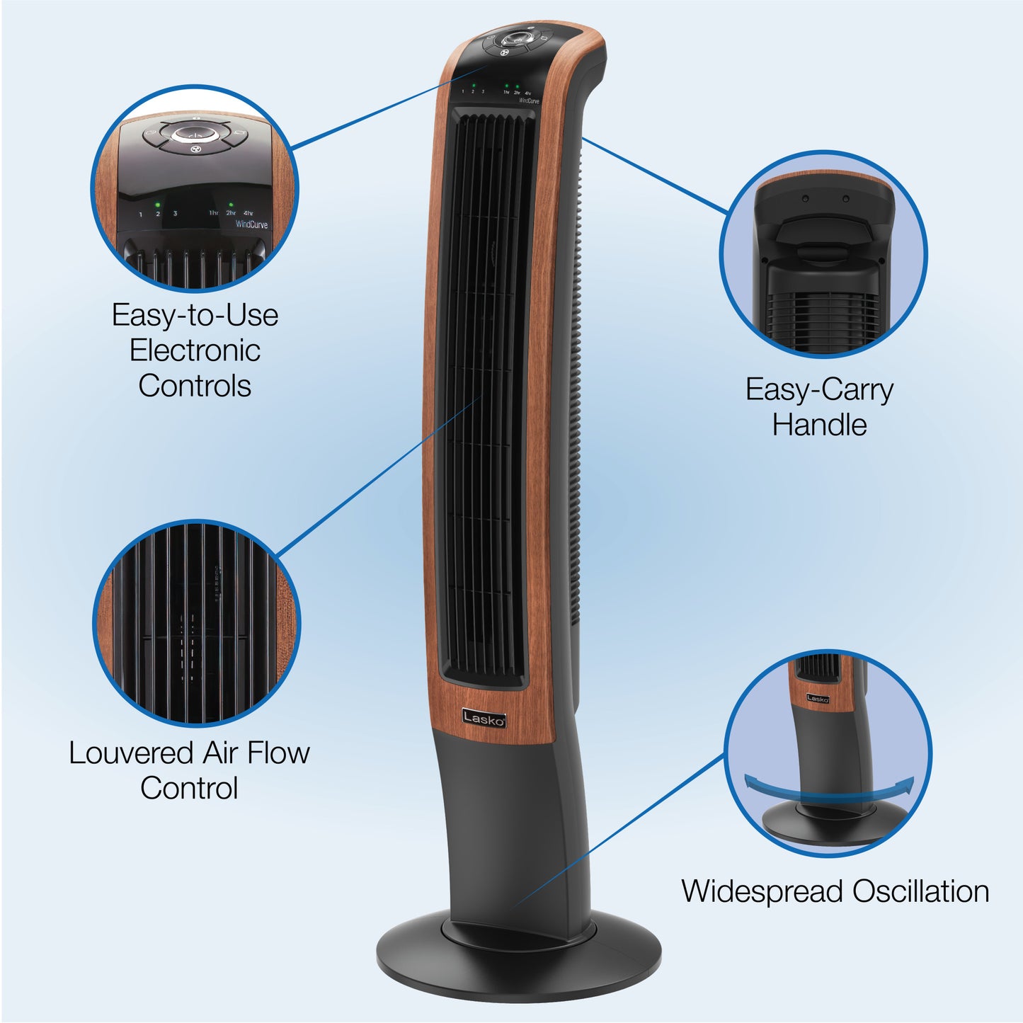 Lasko 42" Wind Curve 3-Speed Oscillating Tower Fan with Bluetooth® Technology, T42905, Woodgrain