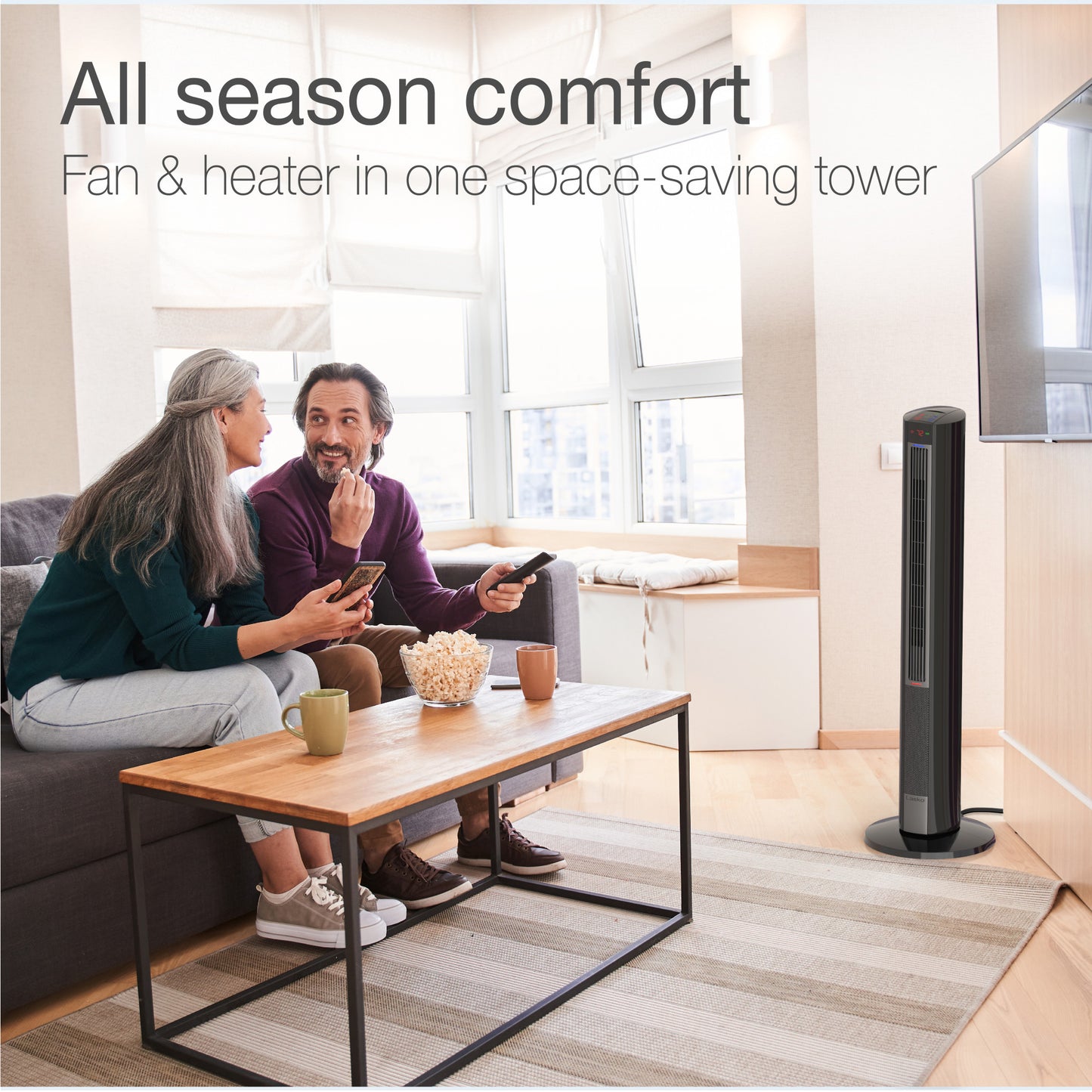Lasko All Season Comfort Control Tower Fan and Space Heater with Remote Control, FH620, Black