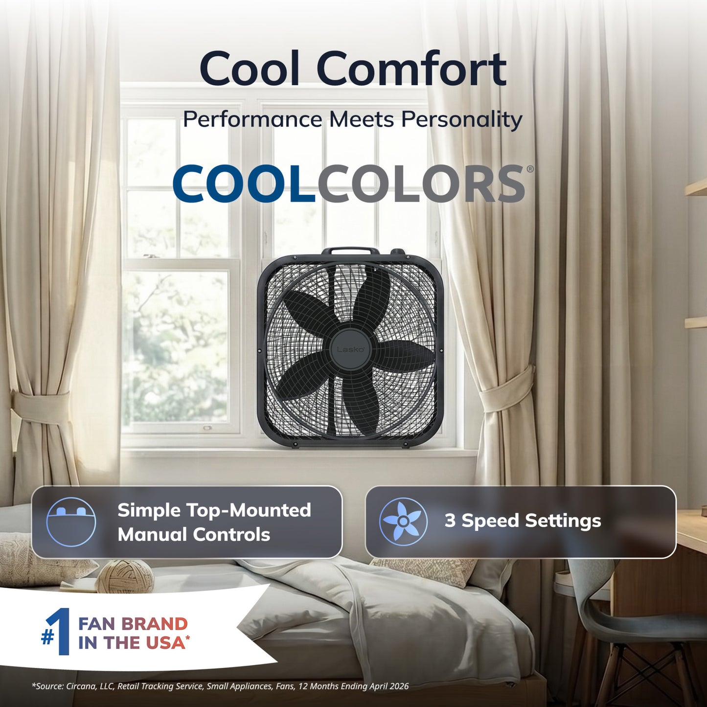 Lasko Cool Colors 20" Box Fan: 3-Speed, Weather-Resistant Motor, Black