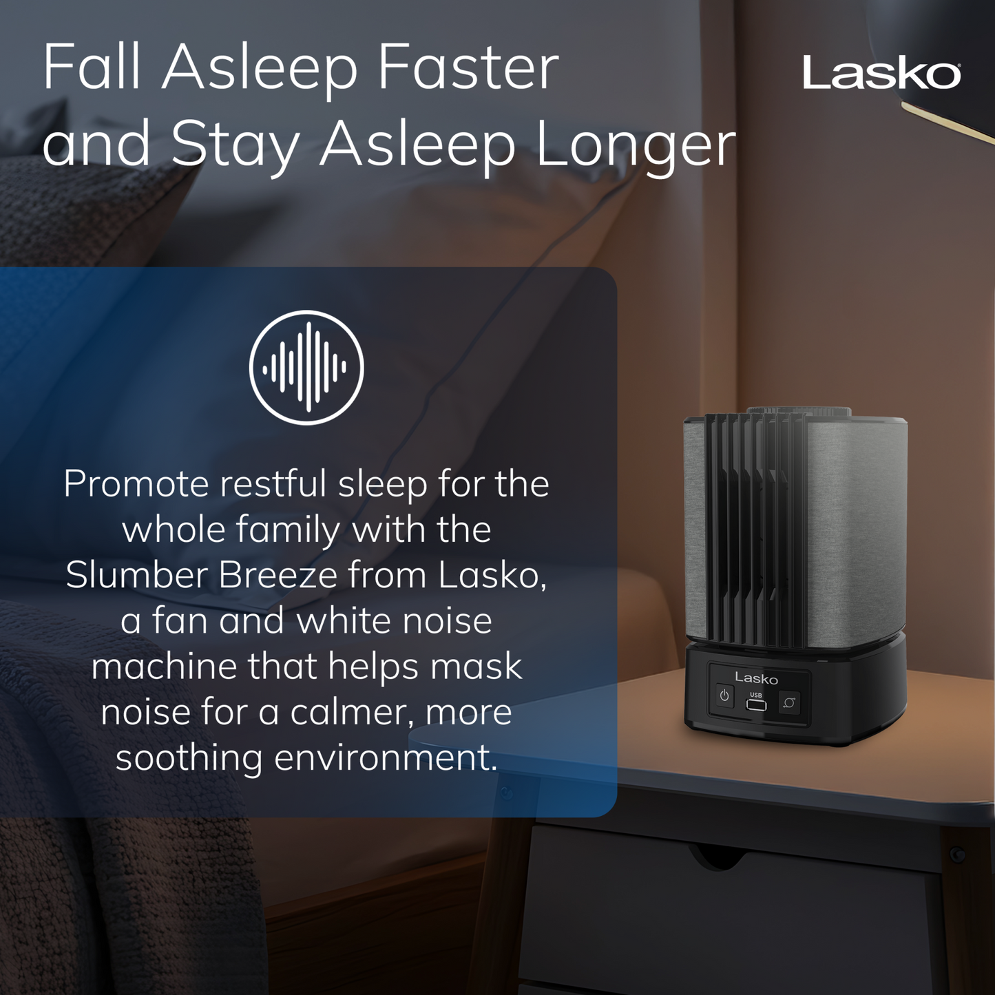 Lasko SlumberBreeze 2-in-1 Table Fan and White Noise Machine, SB100, Black