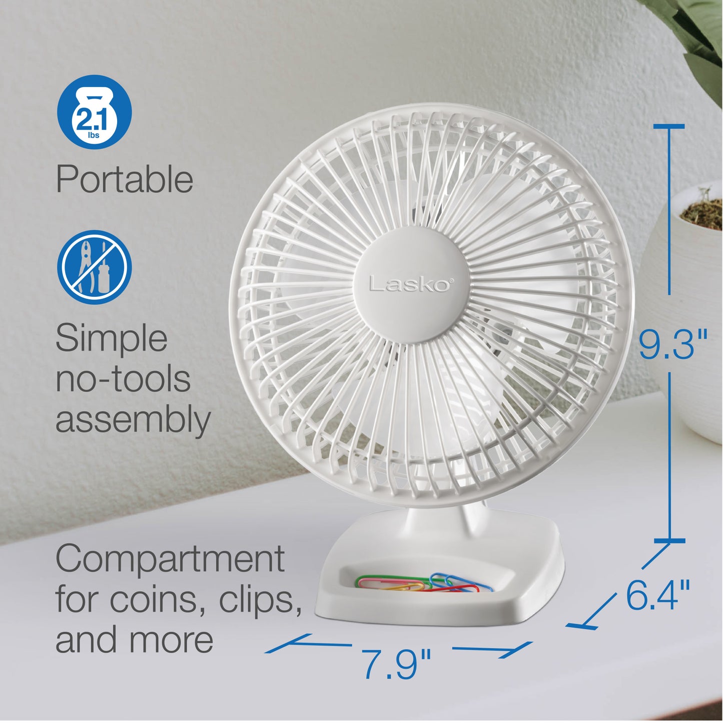 Lasko 6" 2-Speed Personal Table Fan with Storage Tray, 2002W, White