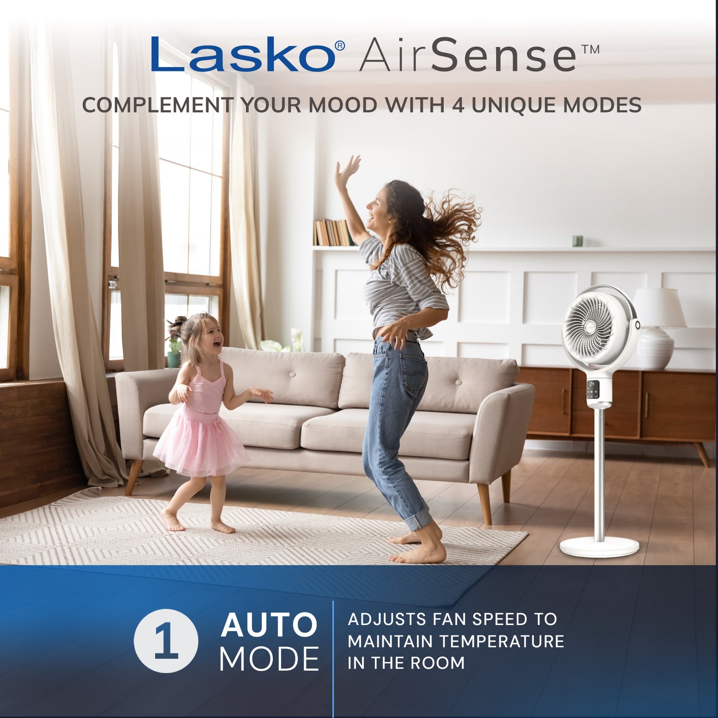 Lasko WhisperForce™ 24-speed DC Motor Pedestal Fan with Remote & Timer (white, model APDC301)