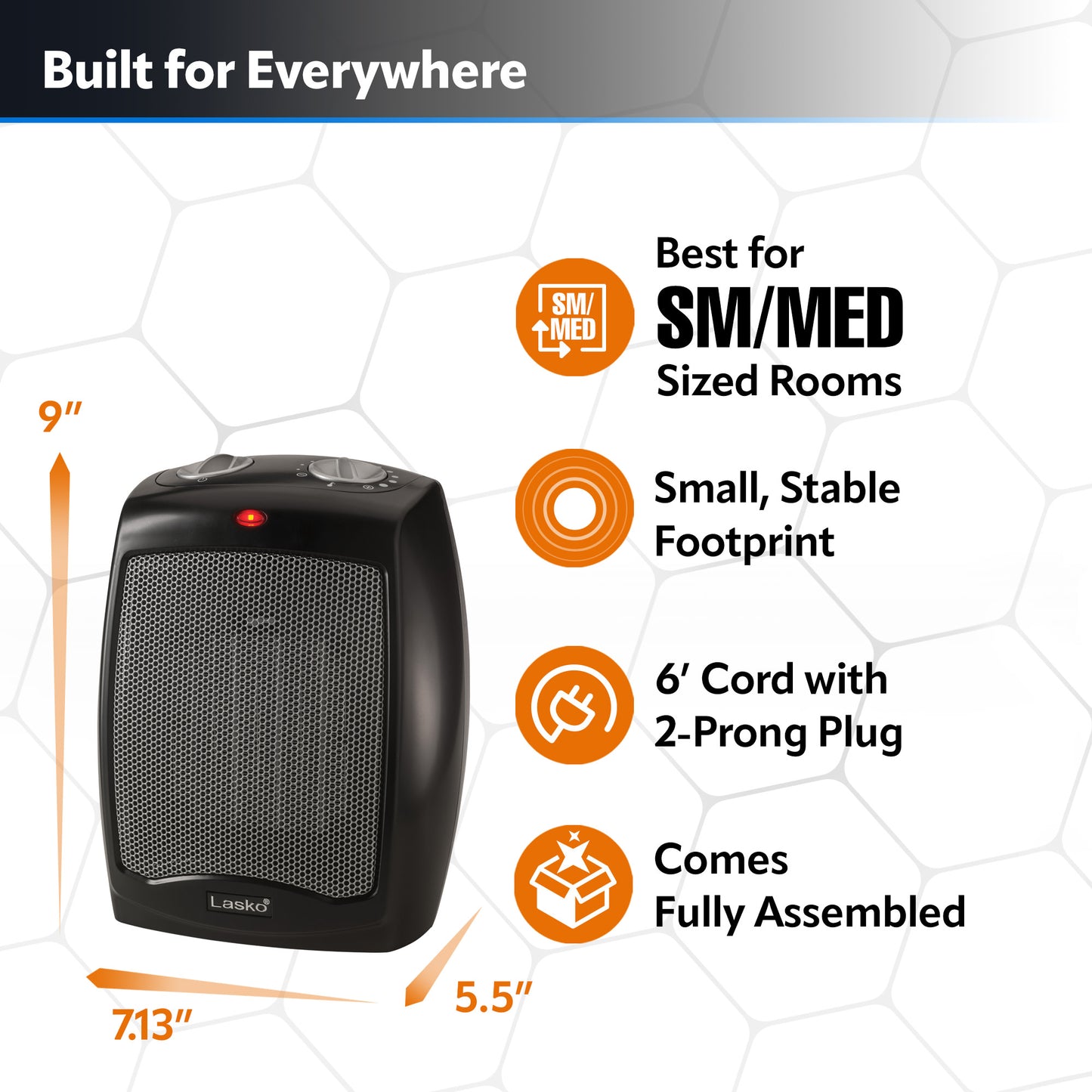 Lasko 1500W 9" Ceramic Tabletop Space Heater with Adjustable Thermostat, CD09250, Black