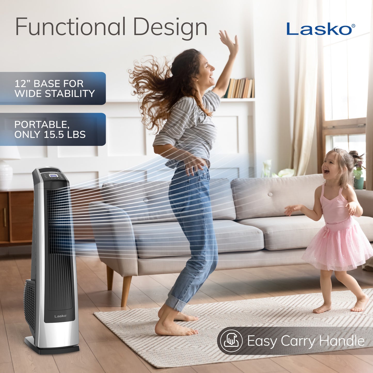 Lasko High Velocity Tower Fan with Remote Control, U35115, Silver/Black