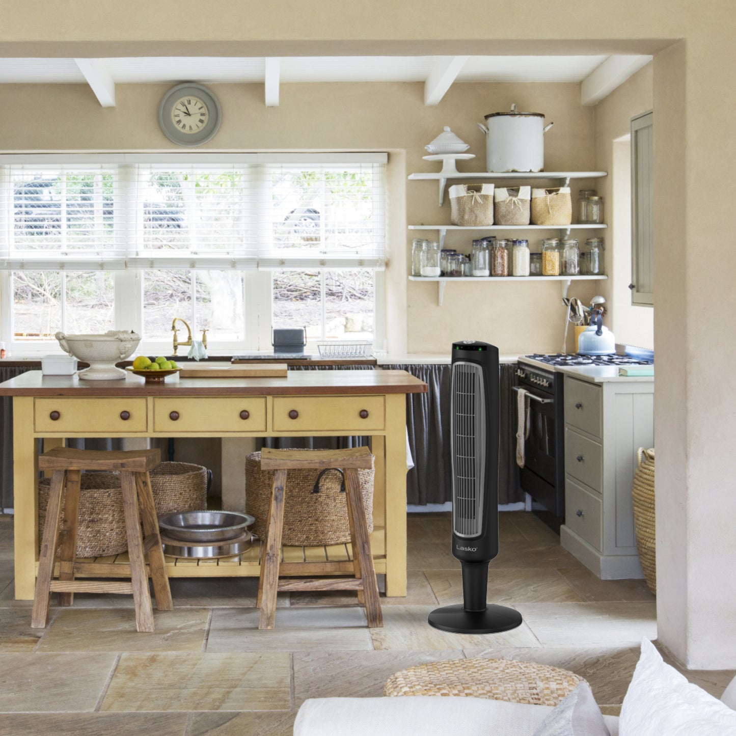 Lasko 38" Oscillating 3- Speed Wind Tower Fan with Remote, T38305, Black/Silver