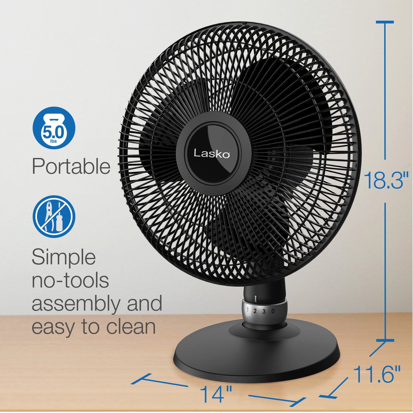 Lasko 3-Speed Table Fan with Widespread Oscillation, D12525, Black