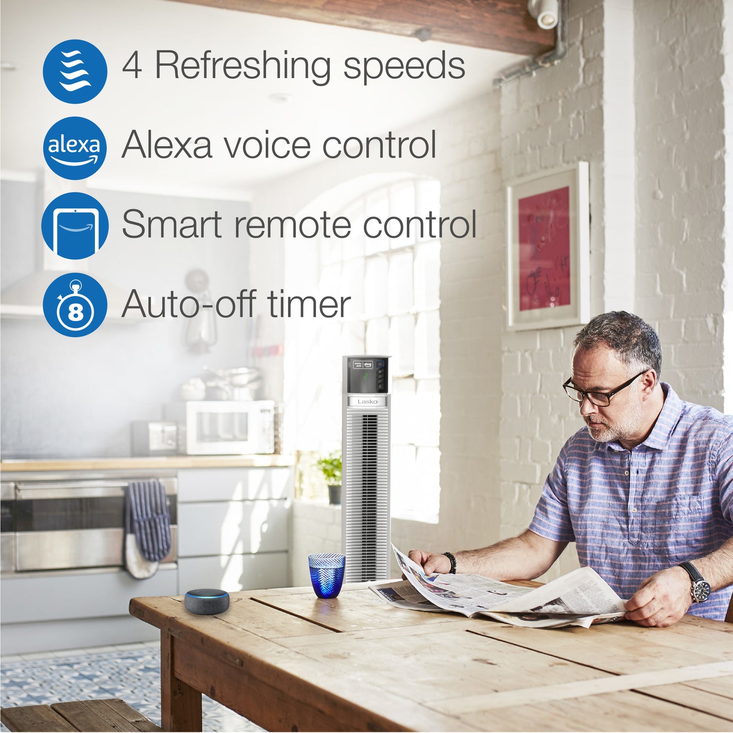 Lasko 48" Alexa Enabled 4-Speed Tower Fan with Timer, T48401, White