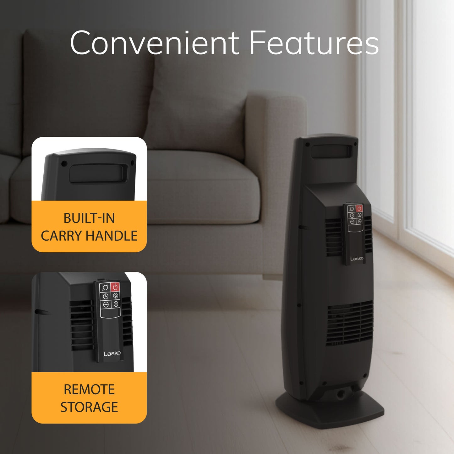 Lasko 22" Ceramic Tower Space Heater: Oscillating, 3 Heat Settings, Remote, Timer, Tip-Over Switch, Thermostat, Black