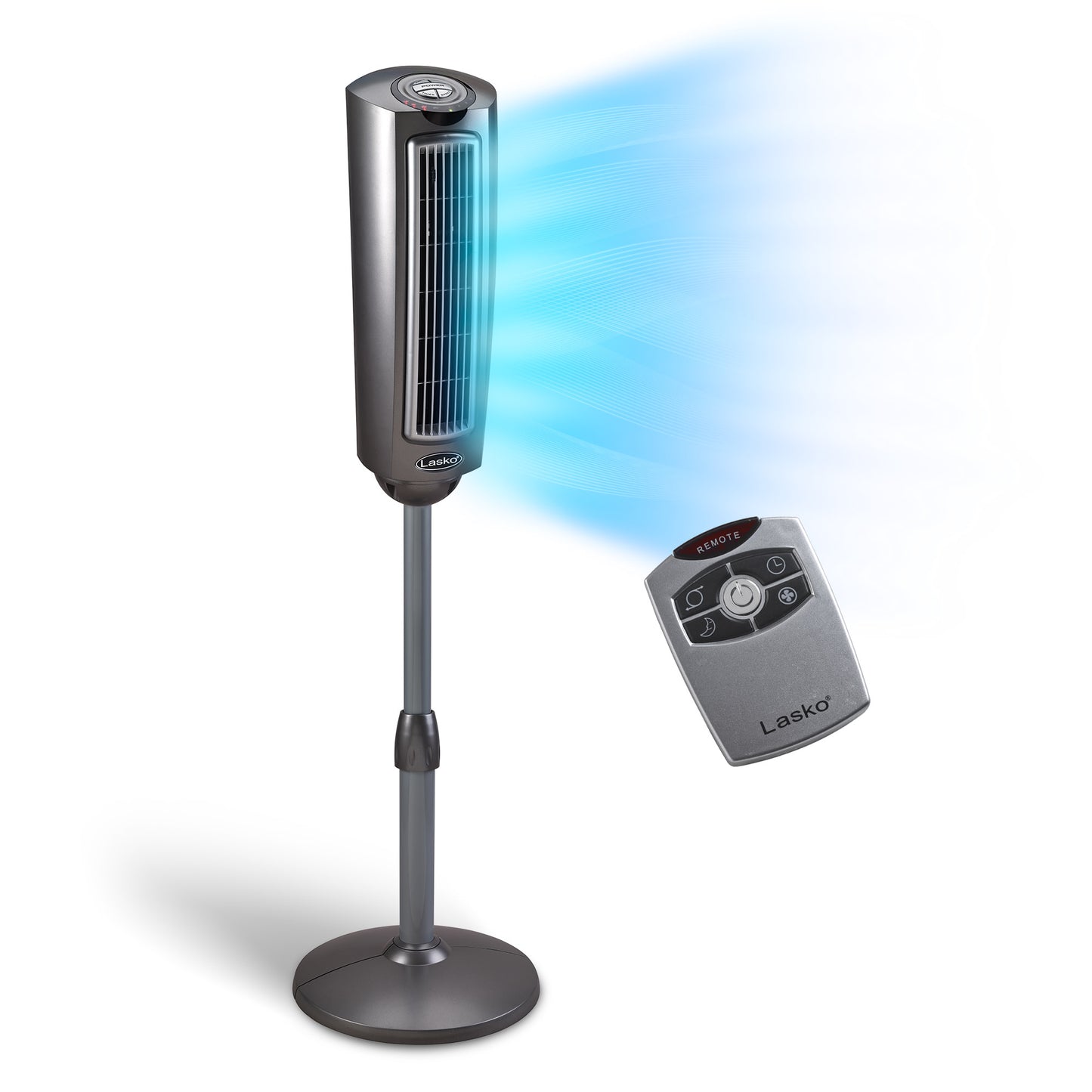 Lasko 52 in. Adjustable Space-Saving Oscillating Pedestal Tower Fan with 3-Speeds, Timer and Remote, Gray, 2535