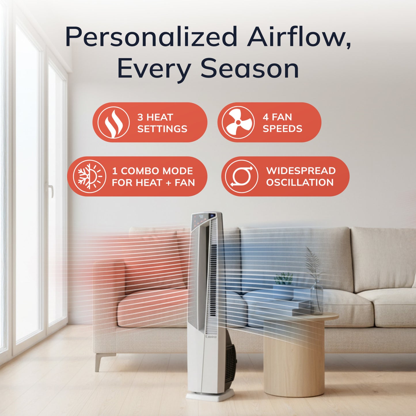 Lasko All Season High Velocity Hybrid Tower Fan and Space Heater in One with Remote Control, FHV820, White