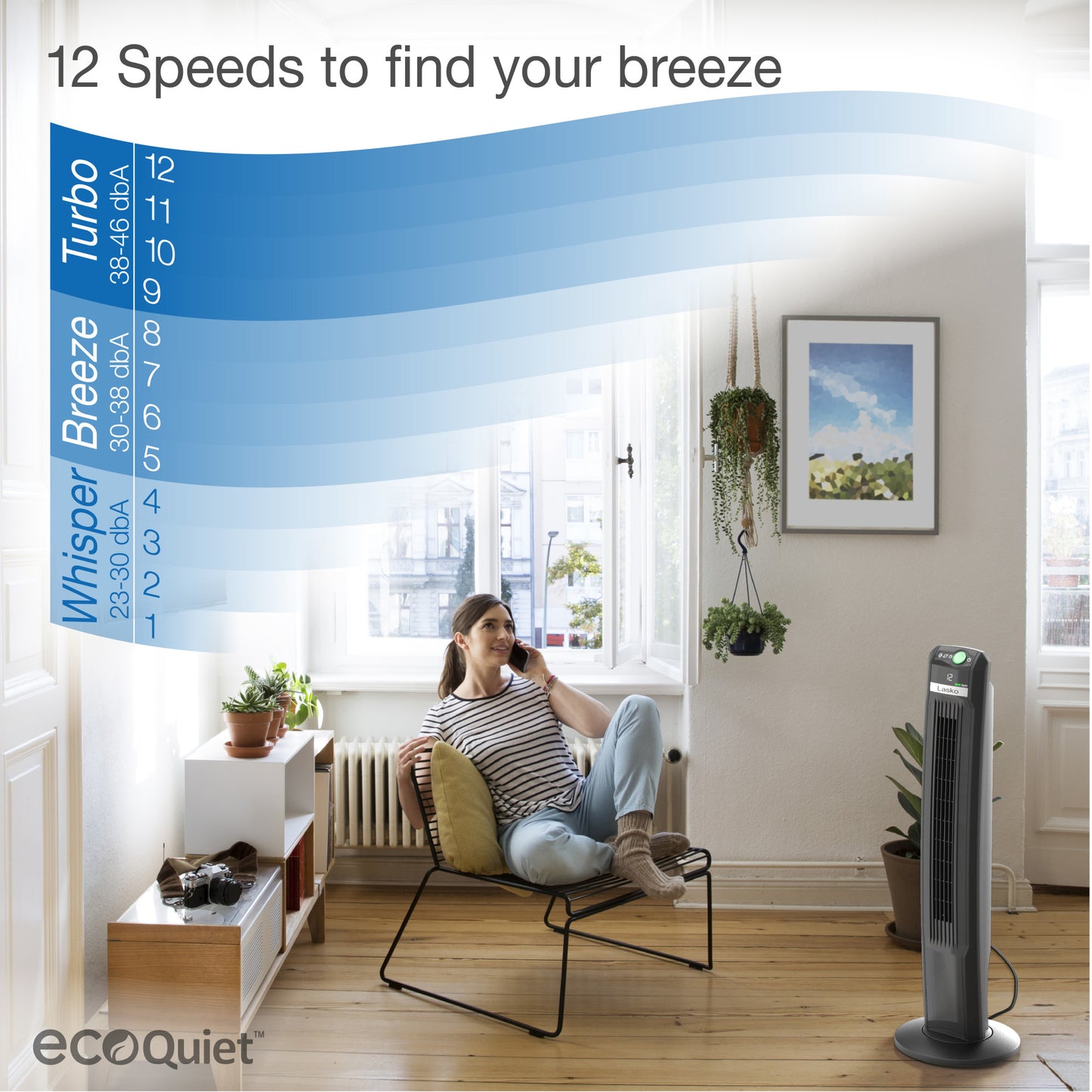 Lasko 42" 12-Speed EcoQuiet DC Motor Tower Fan with Remote Control, T42700, Black