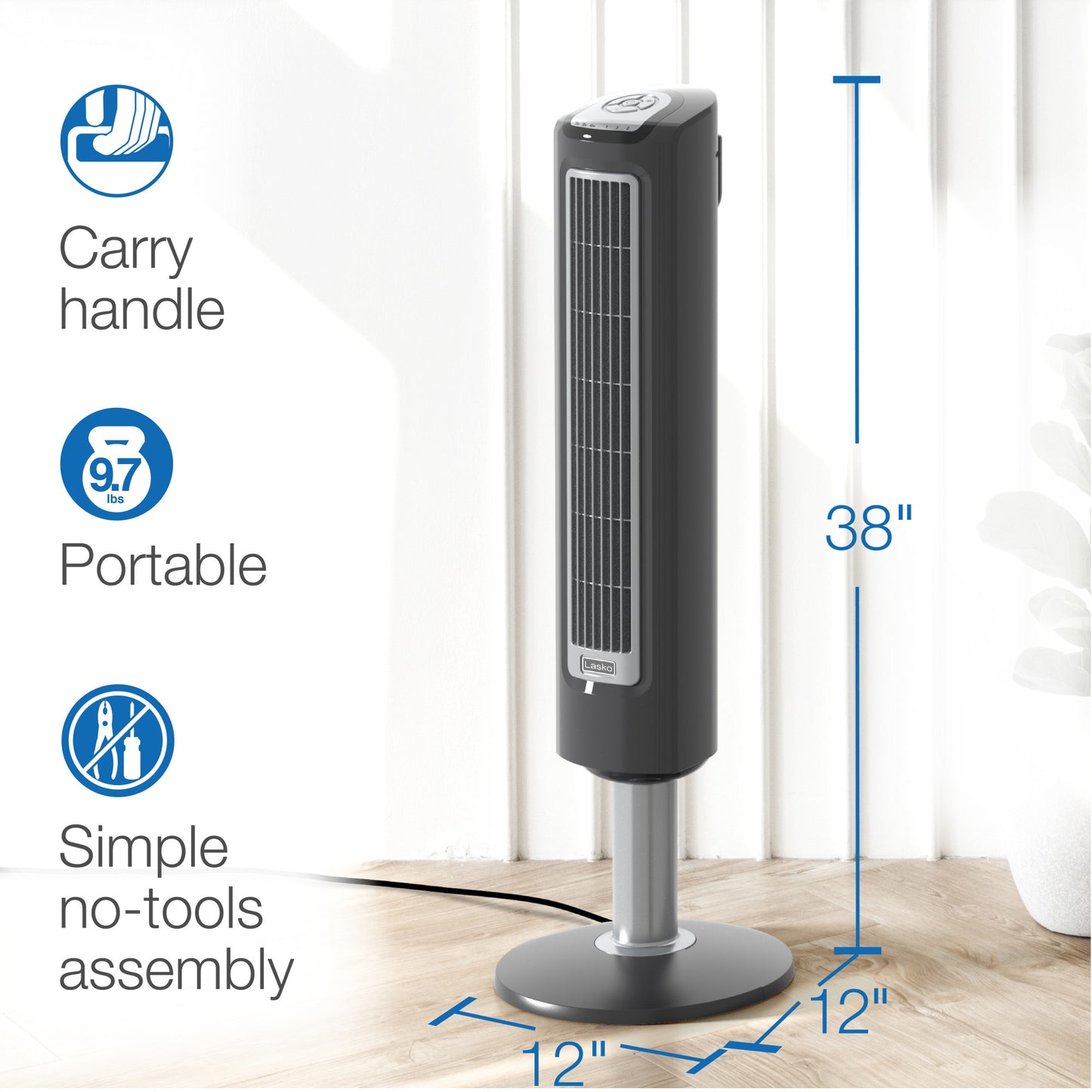 Lasko 38" Wind Tower 3-Speed Oscillating Tower Fan with Remote and Timer, 2519, Gray