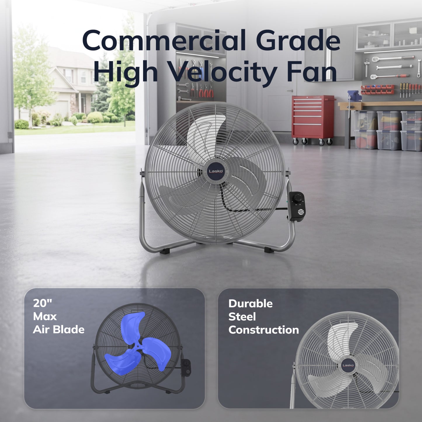 Lasko 20" High Velocity Floor Fan: Wall Mount, 3-Speed, Pivoting, Silver