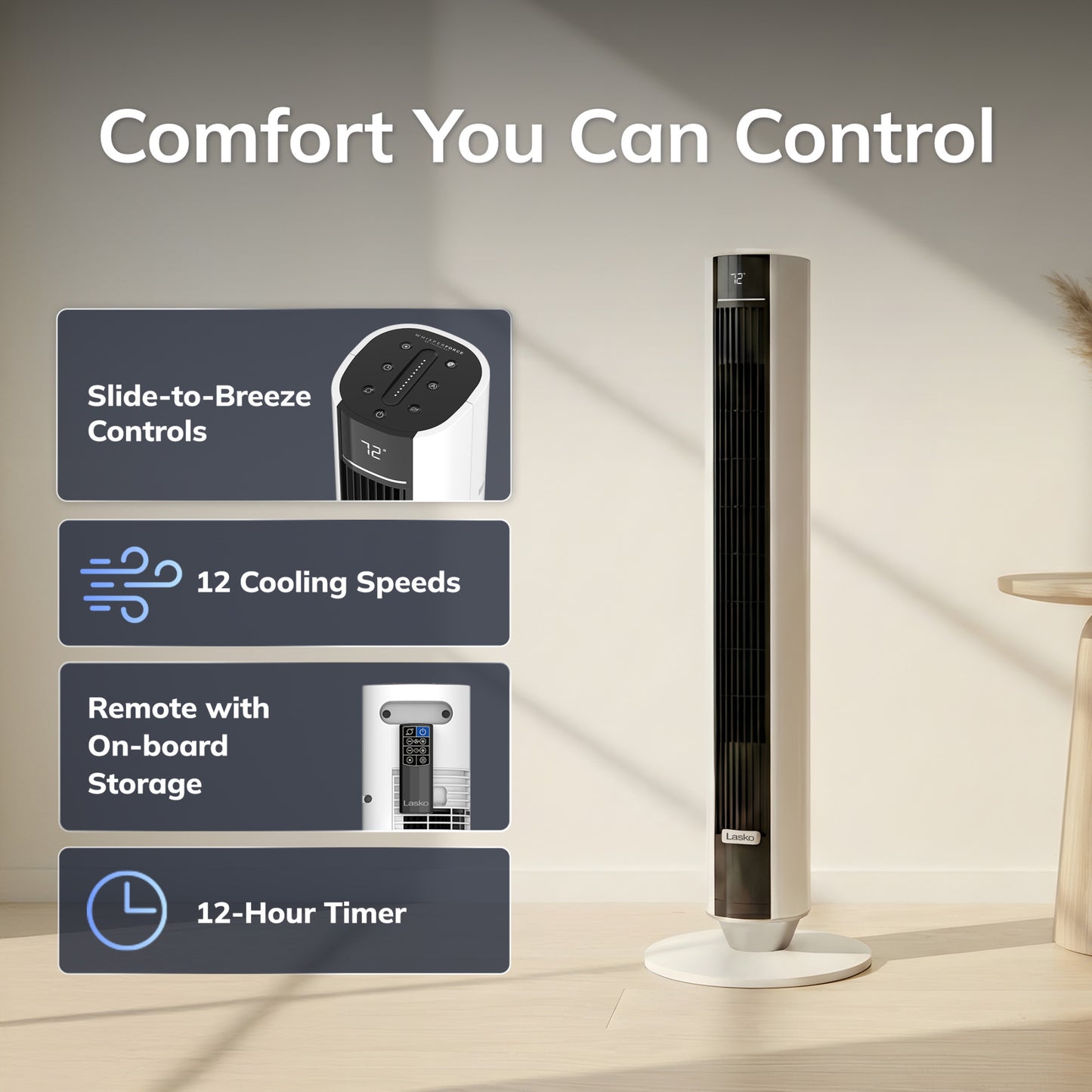 Lasko TDC402 WhisperForce™ DC 40" Tower Fan (12-speed, remote, white)