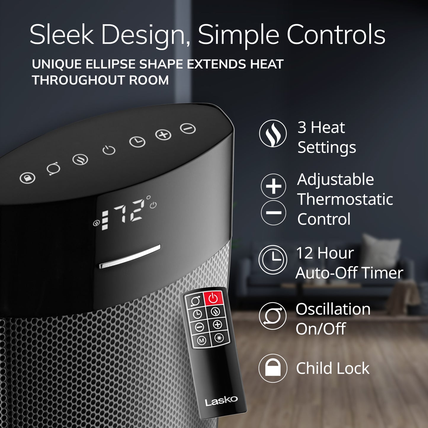 Lasko CT24950 Ellipse 24" Tower Space Heater with Remote Control, Black