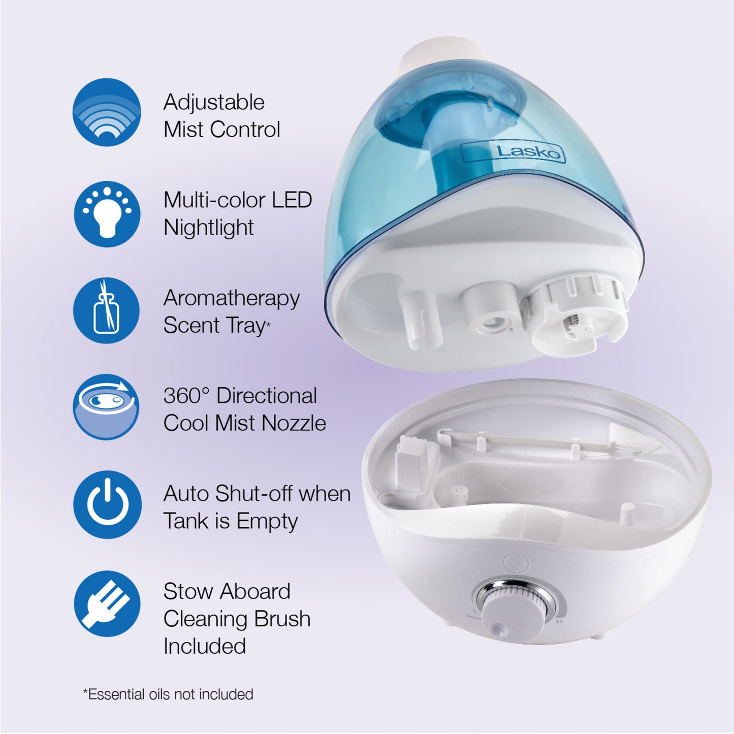 Lasko Ultrasonic Cool Mist Humidifier with Scent Tray and Nightlight, UH200, White and Blue