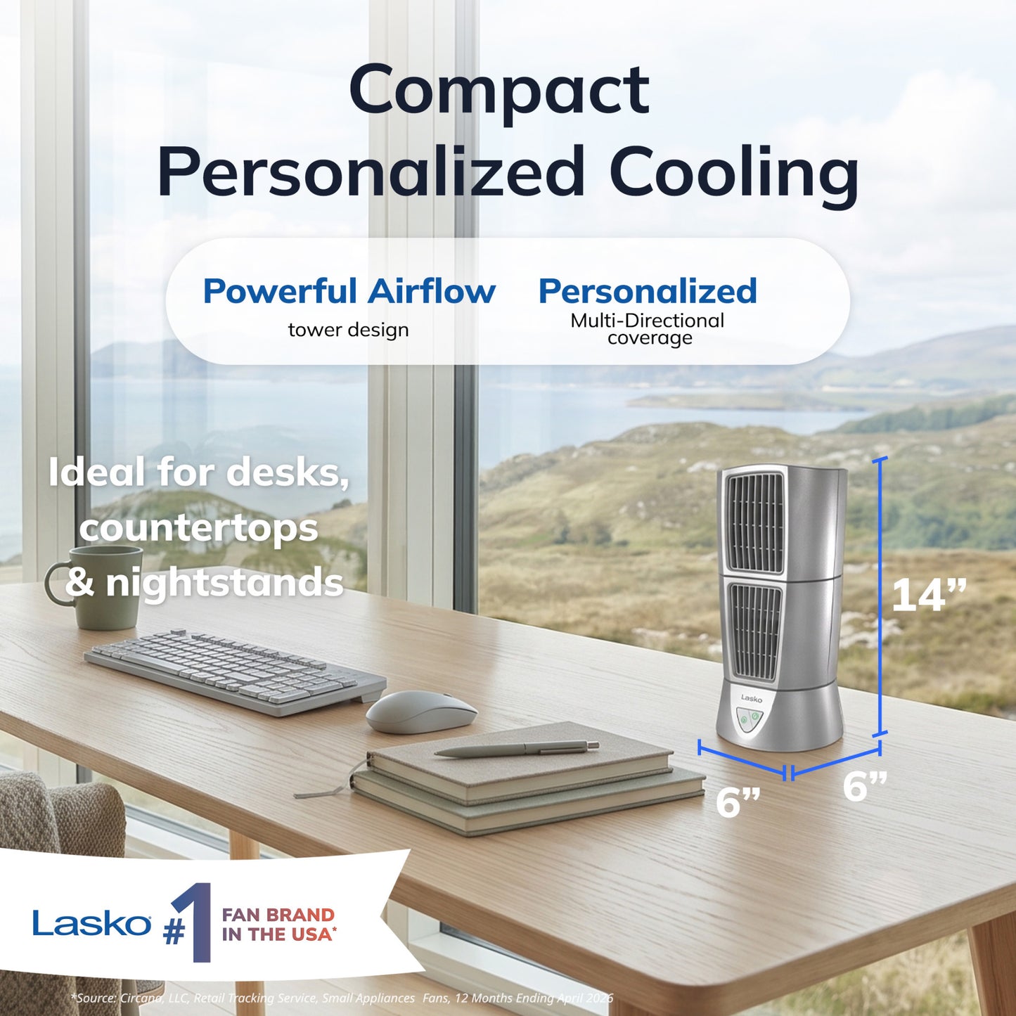 Lasko Wind Tower 14" Table Fan: Oscillating, 3-Speed, Pivoting, Gray