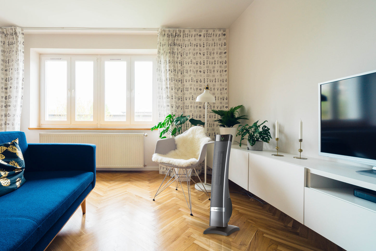 Lasko 1500W Ceramic Tower Space Heater with Timer and Remote Control, CT30711, Silver