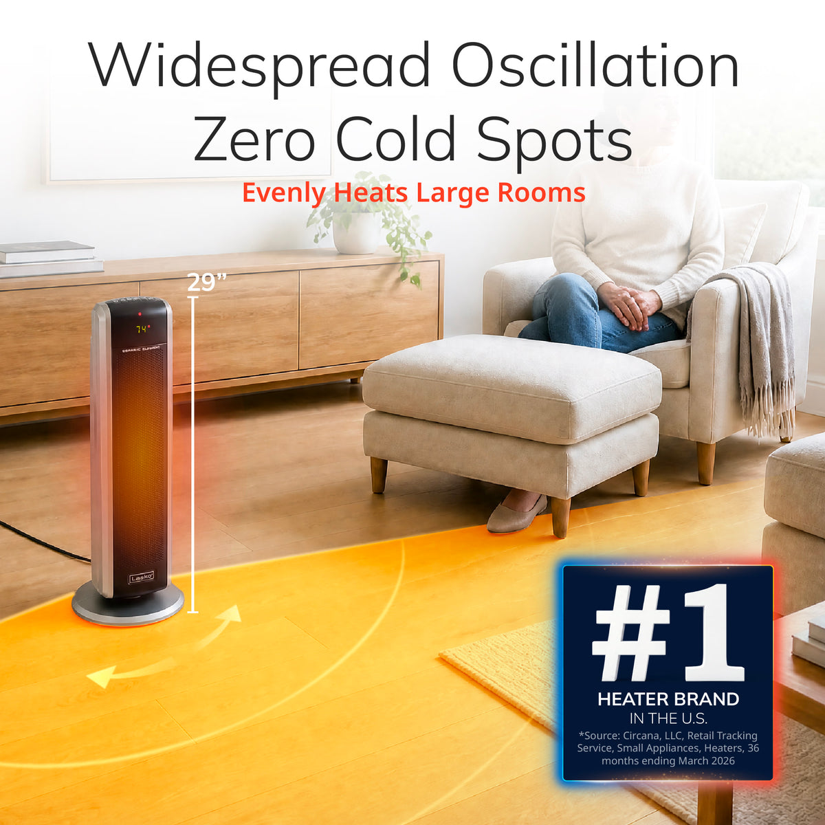 Lasko 29" Ceramic Tower Space Heater: Oscillating, 2 Heat Settings, Remote, Timer, Thermostat, Black