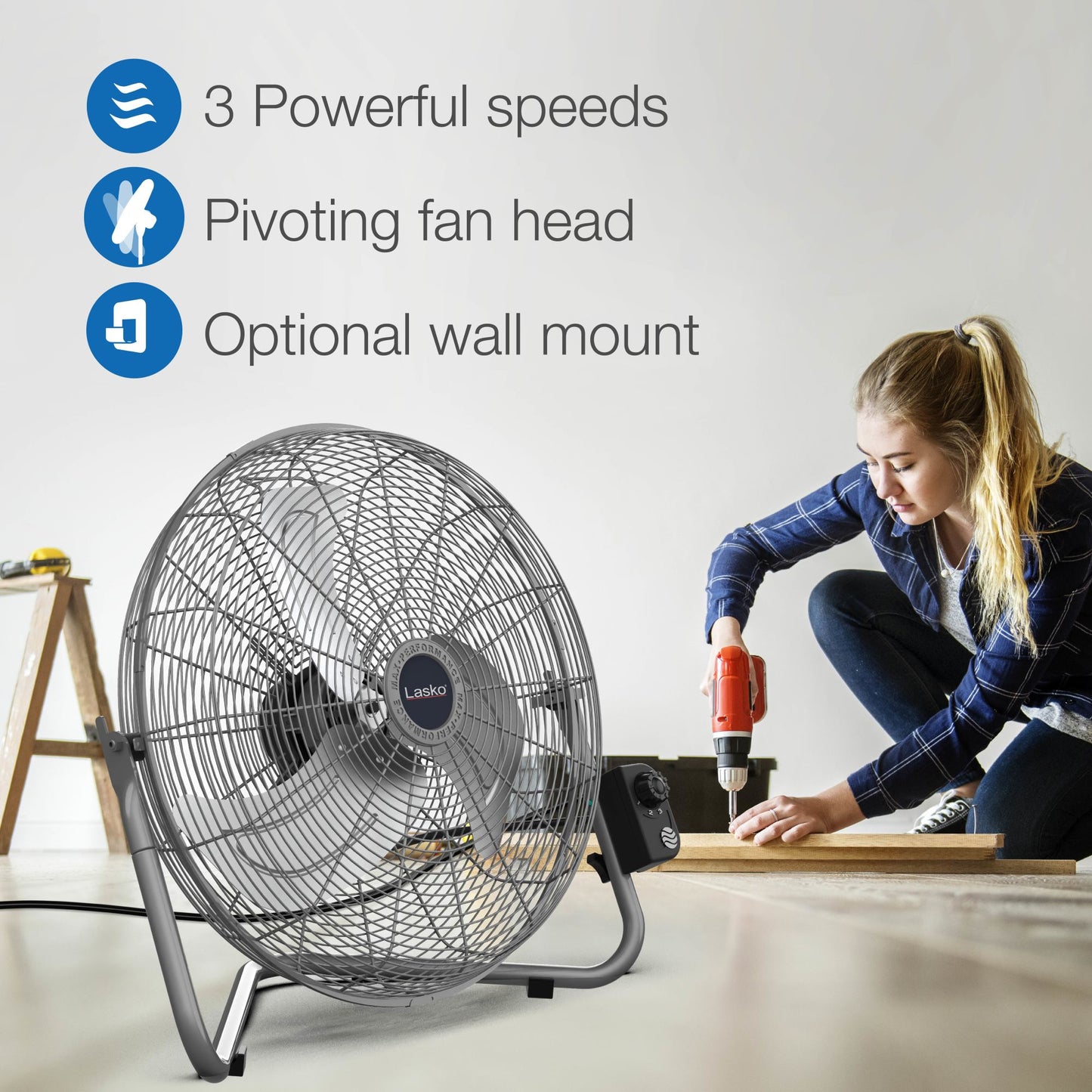 Lasko 20" Max Performance Pivoting High Velocity Floor Fan with Wall Mount Option, 2265QM, Silver