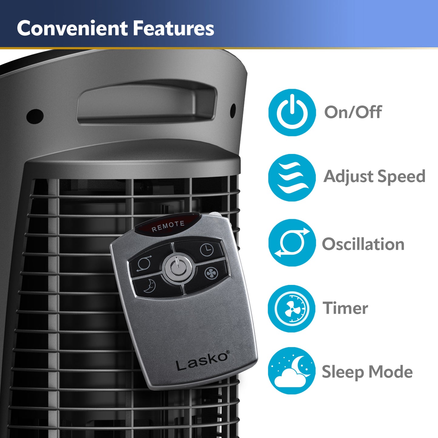 Lasko 52 in. Adjustable Space-Saving Oscillating Pedestal Tower Fan with 3-Speeds, Timer and Remote, Gray, 2535