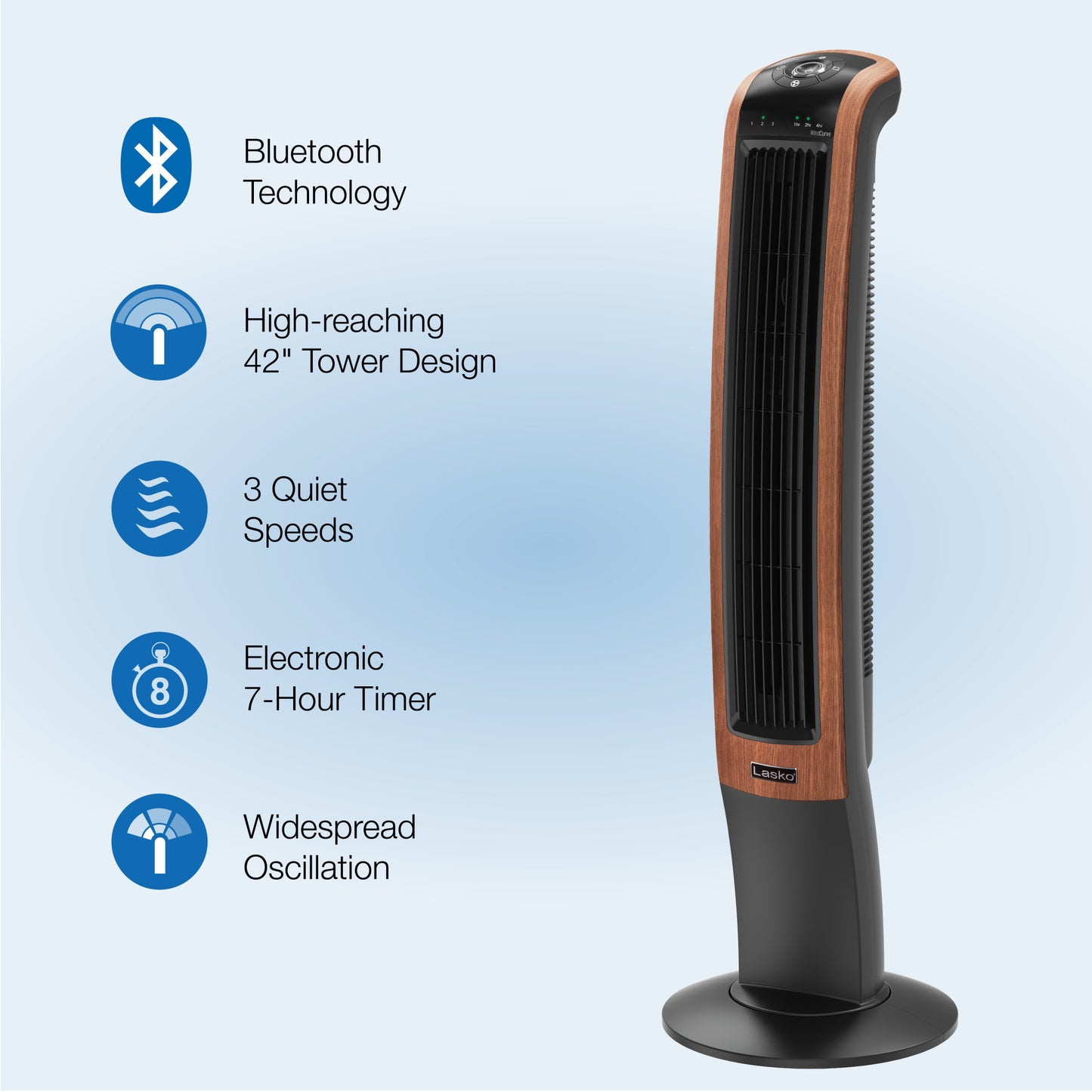 Lasko 42" Wind Curve 3-Speed Oscillating Tower Fan with Bluetooth® Technology, T42905, Woodgrain