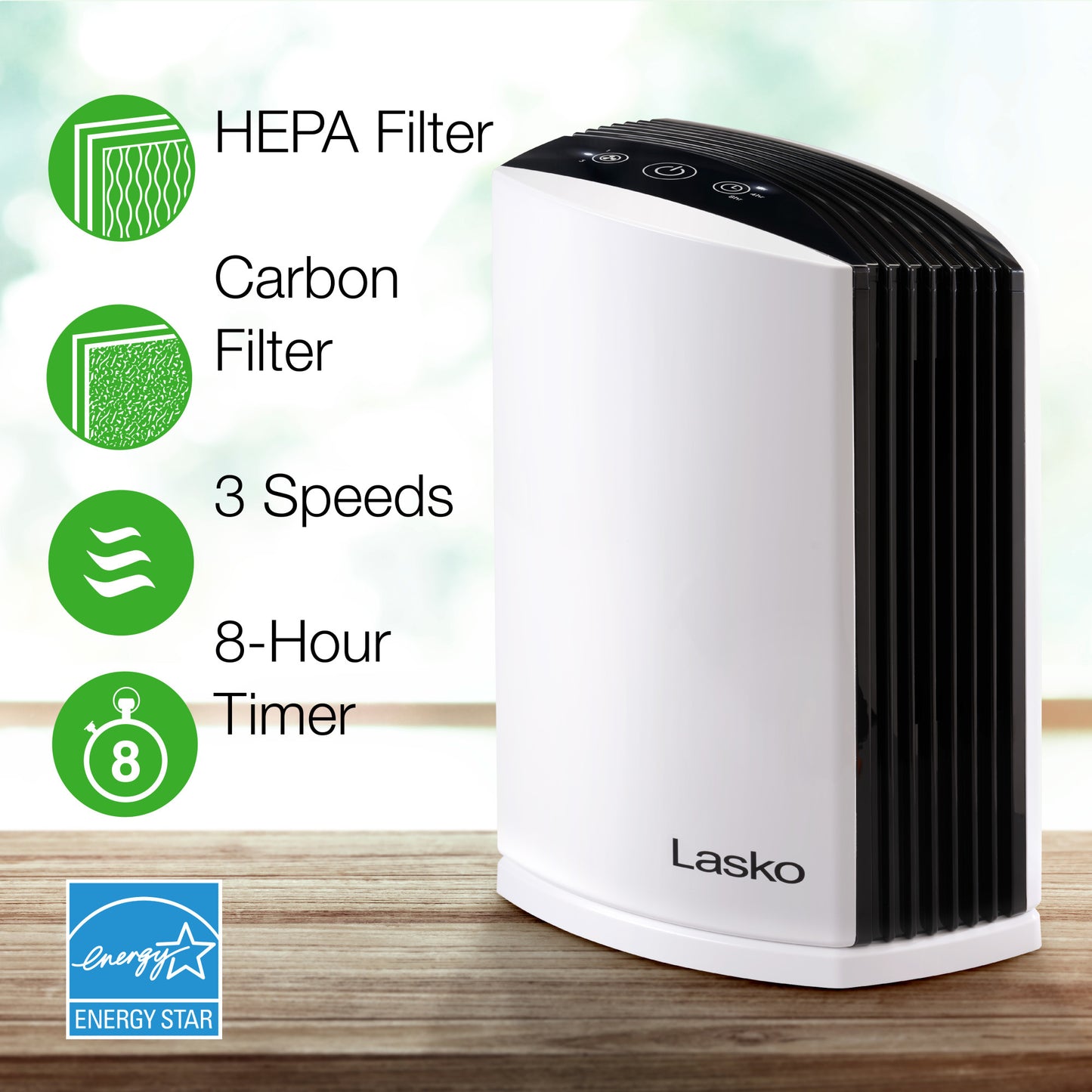 Lasko True HEPA Filter Desktop Air Purifier with Timer, LP200, White