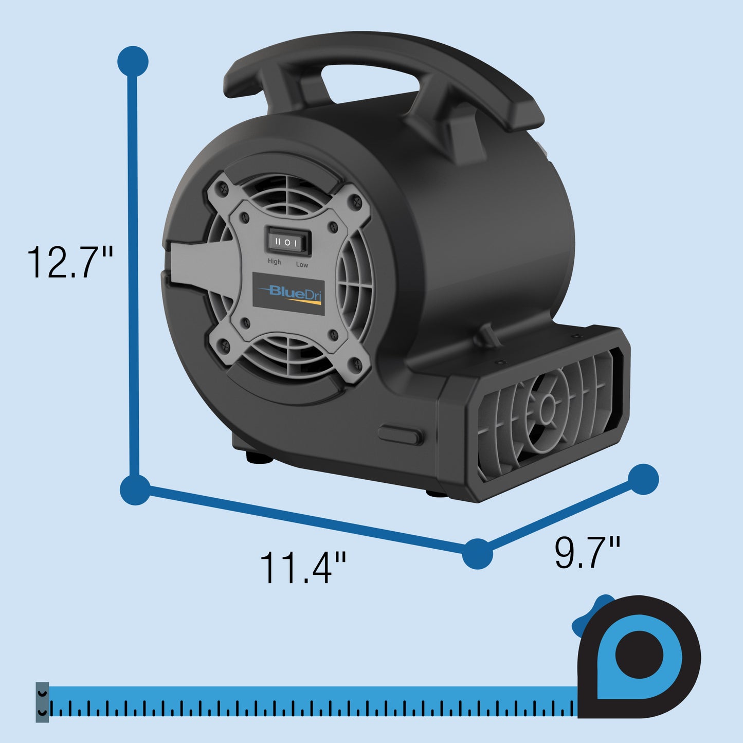 BlueDri ⅛ HP 13" Air Mover & Blower Fan: 2-Speed, High Velocity, Black