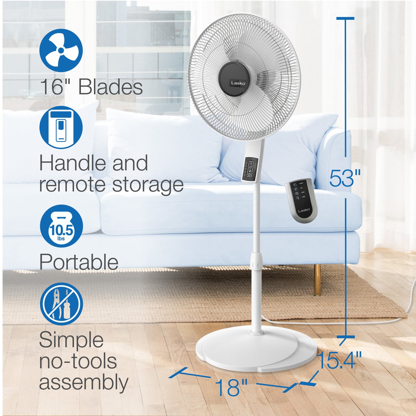 Lasko S16614 16" 4-Speed Oscillating Pedestal Fan with Remote Control: white