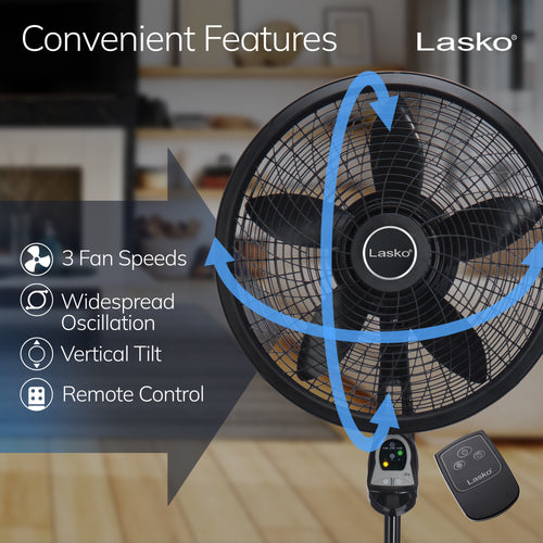 Lasko 1843 features: speeds, oscillation, tilt, remote control.