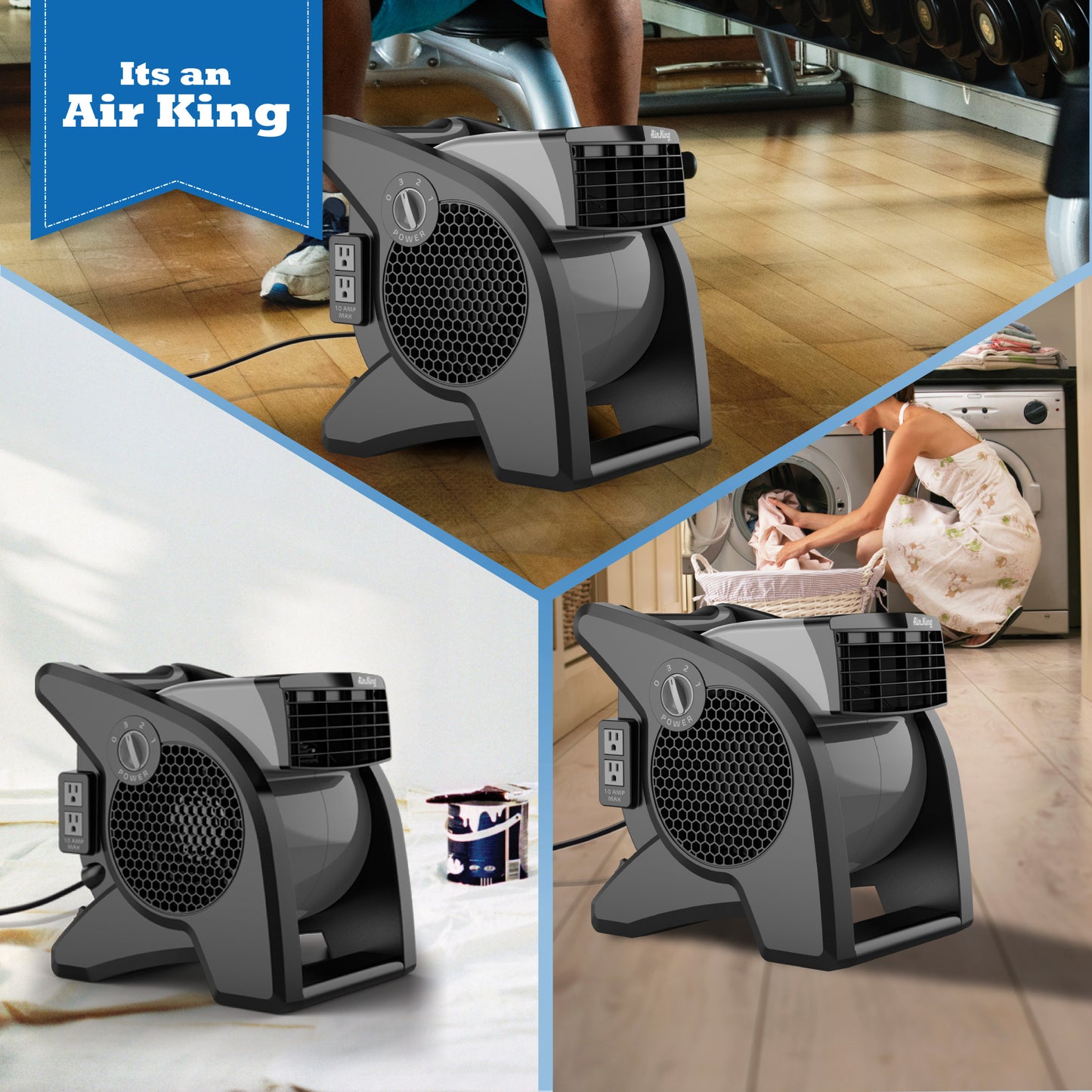 Air King 15" Air Mover Blower Fan: 3-Speed, High Velocity, 2 Outlets, Pivoting, Black