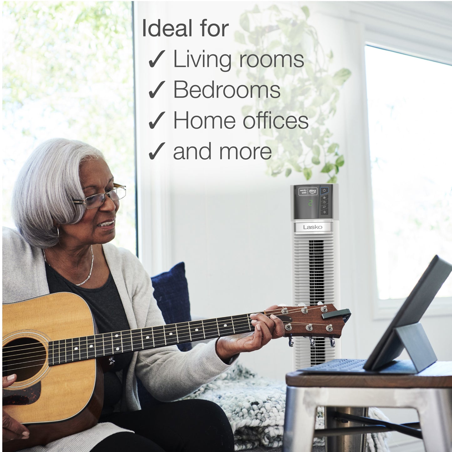 Lasko 48" Alexa Enabled 4-Speed Tower Fan with Timer, T48401, White