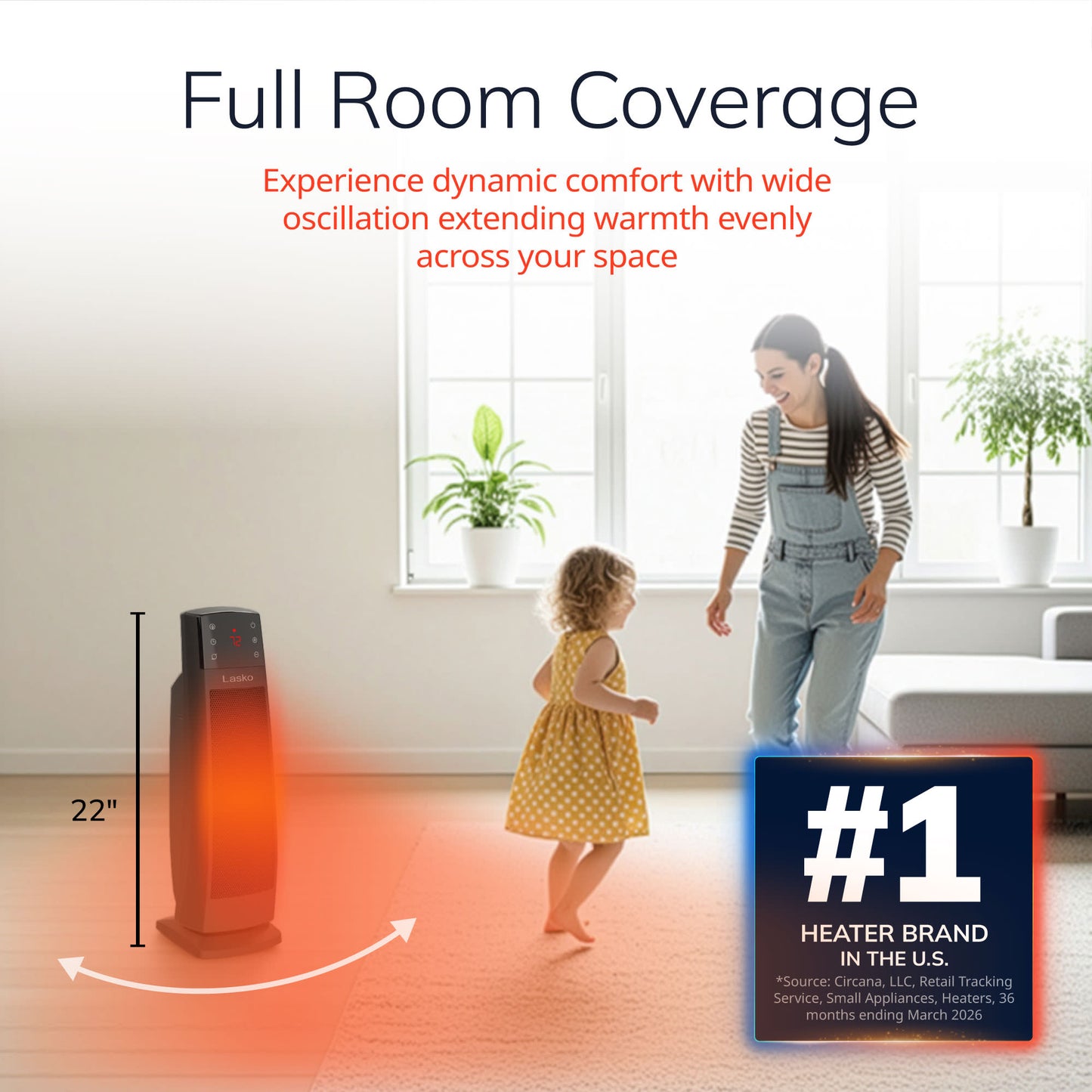 Lasko 22" Ceramic Tower Space Heater: Oscillating, 3 Heat Settings, Remote, Timer, Tip-Over Switch, Thermostat, Black