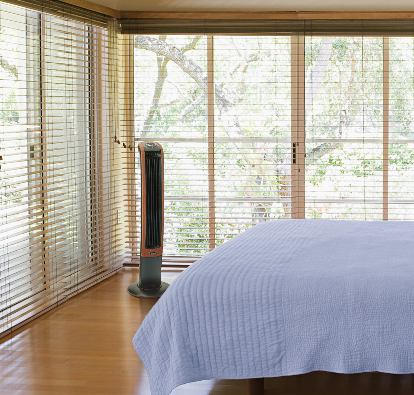 Lasko 42" Wind Curve 3-Speed Oscillating Tower Fan with Bluetooth® Technology, T42905, Woodgrain