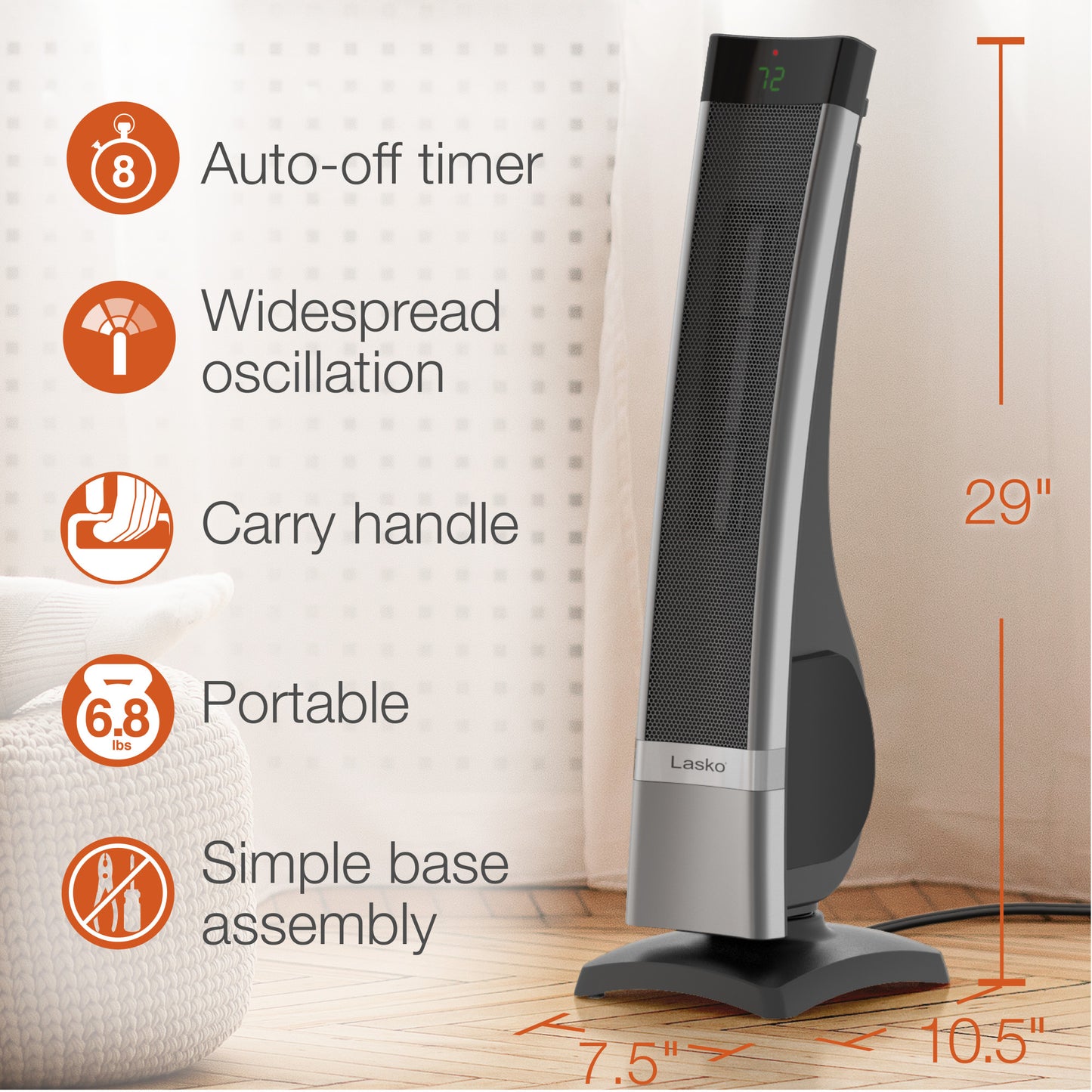 Lasko 1500W Ceramic Tower Space Heater with Timer and Remote Control, CT30711, Silver