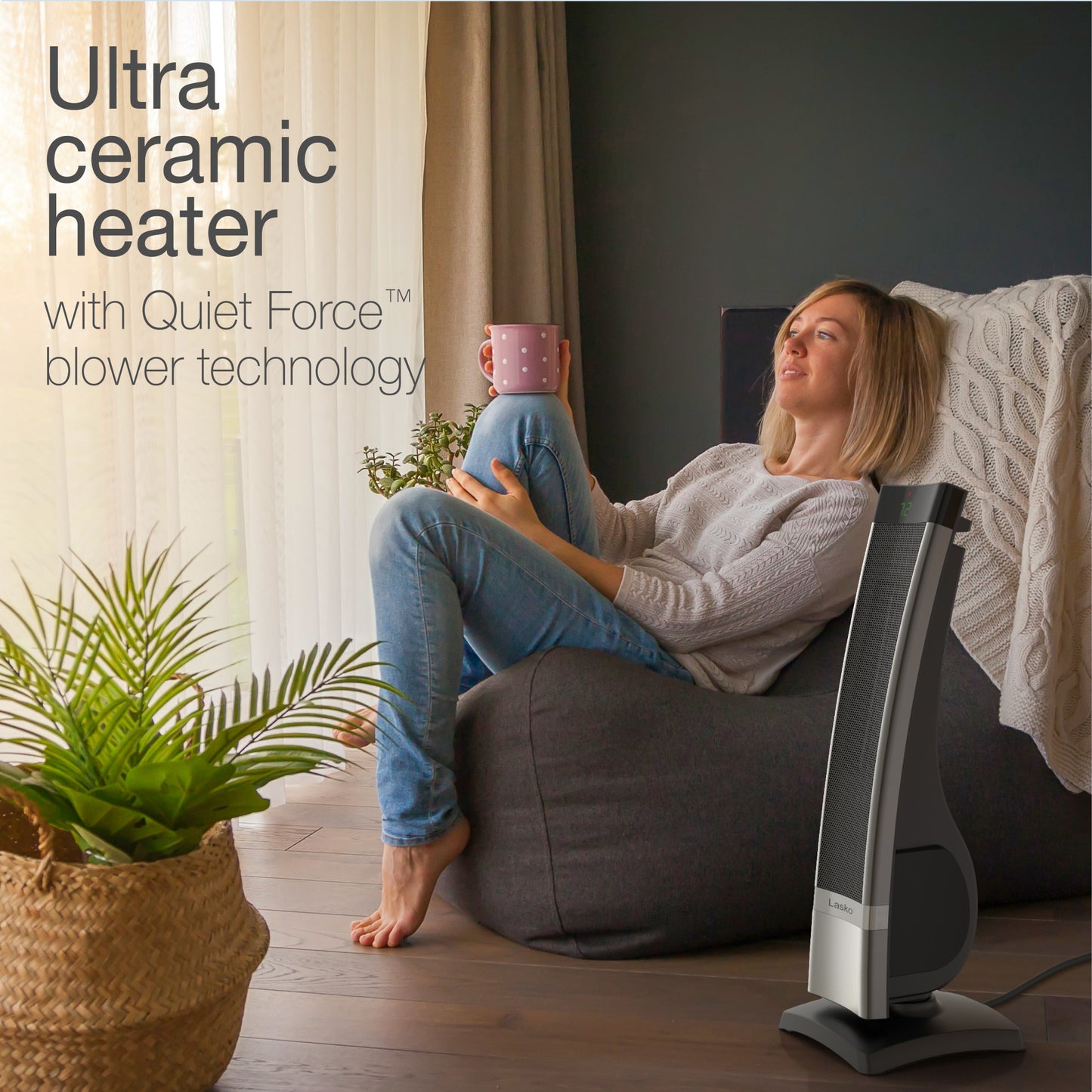 Lasko 1500W Ceramic Tower Space Heater with Timer and Remote Control, CT30711, Silver