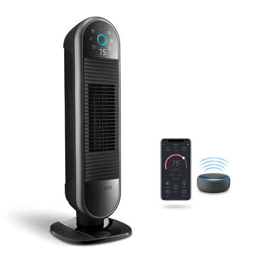 Lasko Aria™ 22" Ceramic Tower Heater (3 heat settings, remote, timer, smart, black)