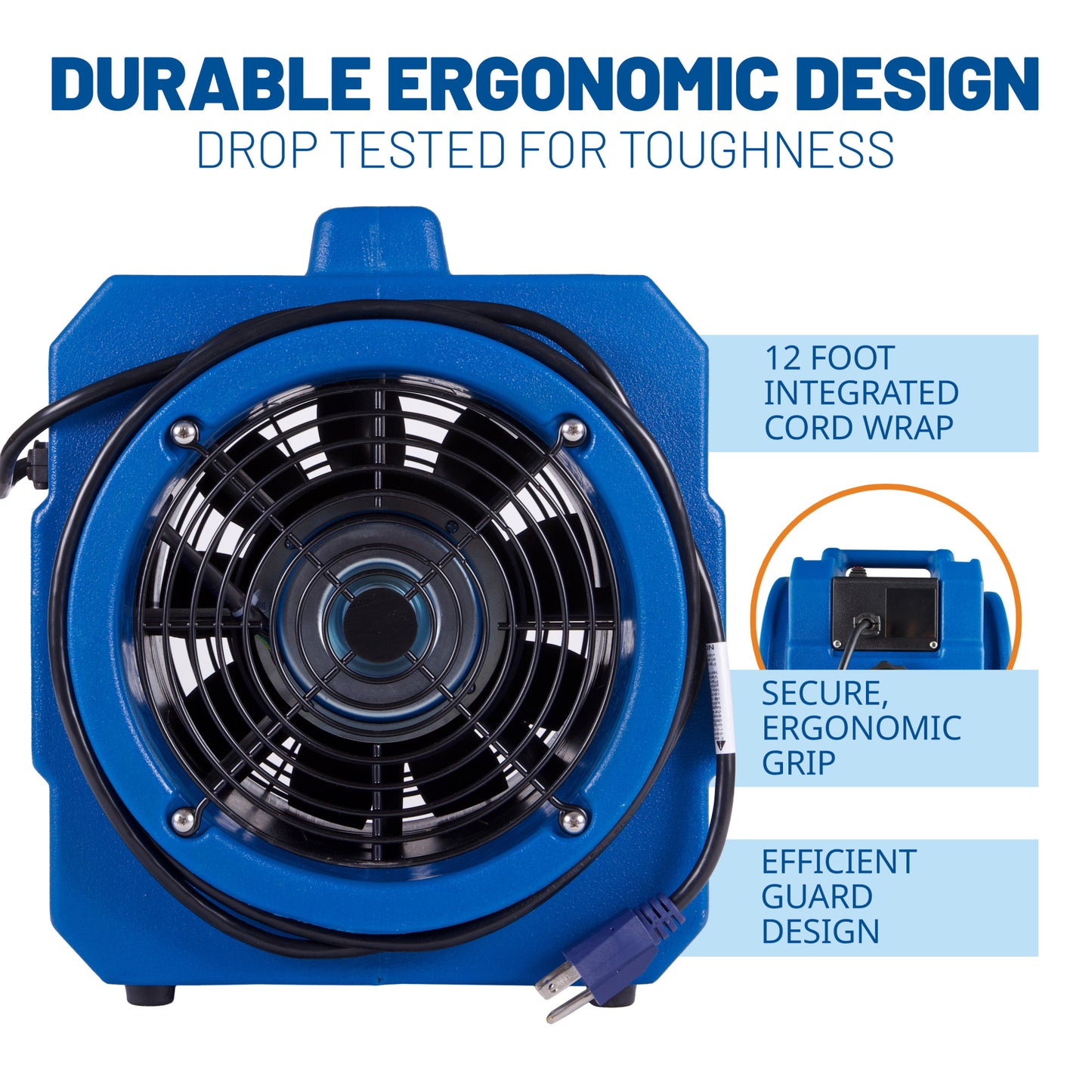 BlueDri 1/5 HP Axial Air Mover Blower Fan: 870 CFM, 2-speed, blue