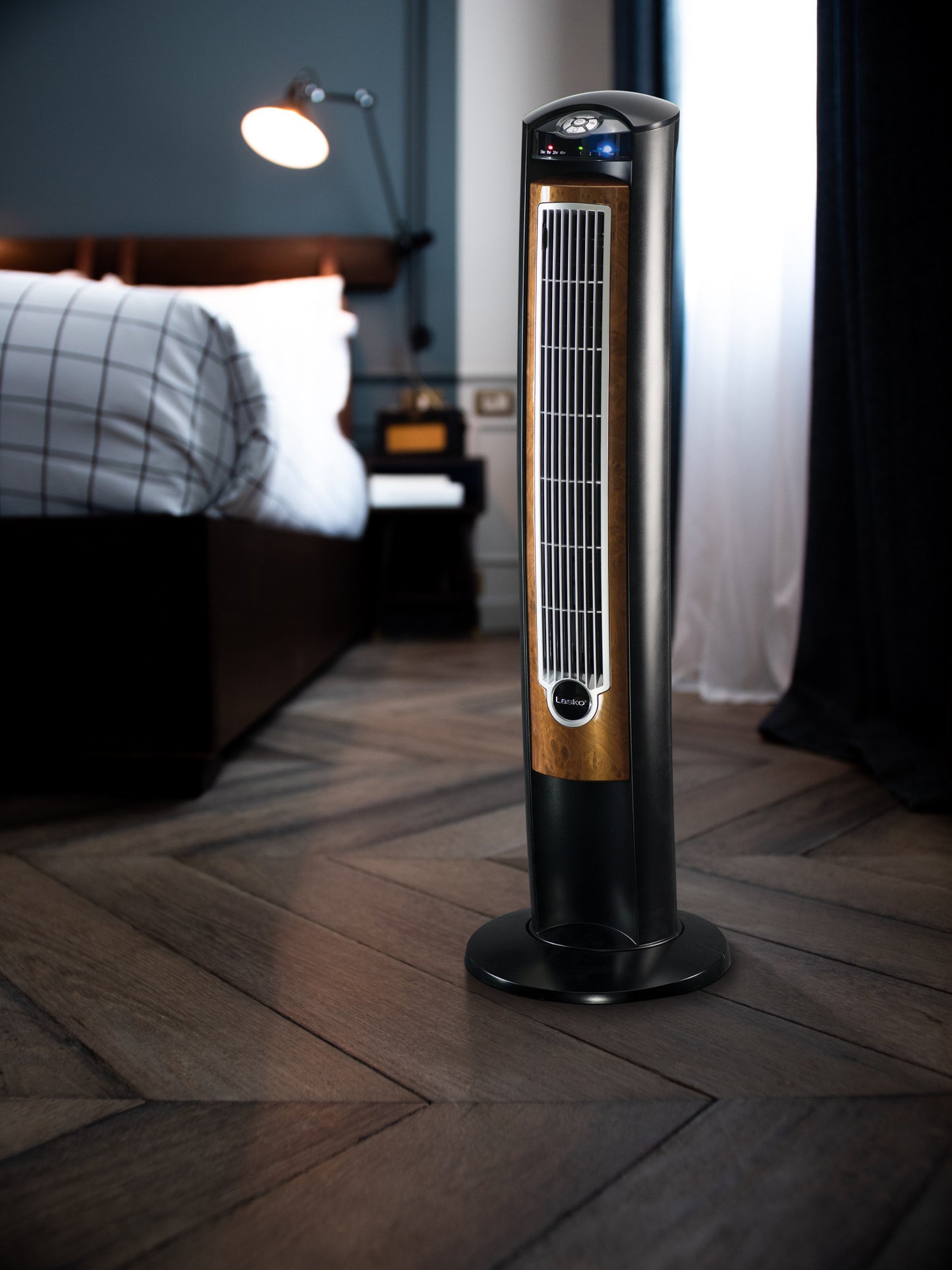 Lasko 42" Wind Curve 3-Speed Tower Fan with Fresh Air Ionizer and Remote, T42950, Black/Woodgrain