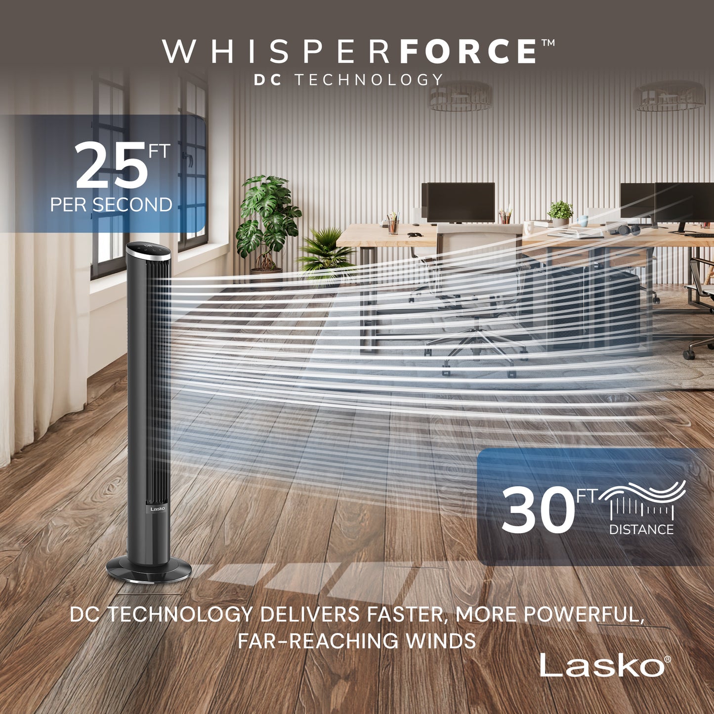Lasko WhisperForce™ DC 42" Tower Fan (12-speed, remote, black/silver)