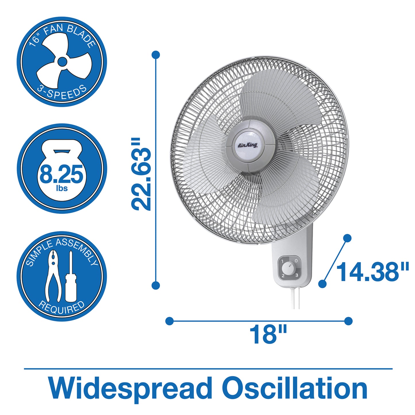 Air King 16" 1/20 HP Commercial Grade Wall Mount Fan (3-speed, manual, white)