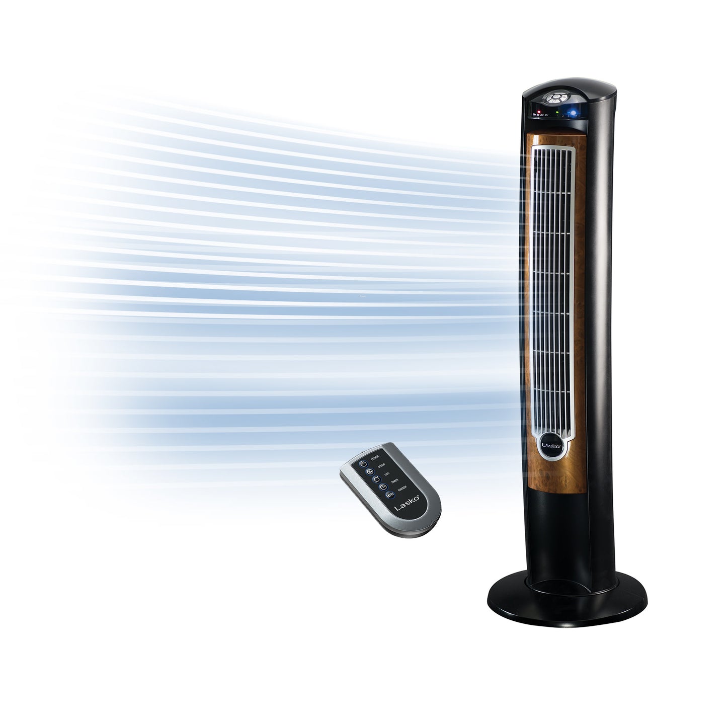 Lasko 42" Wind Curve 3-Speed Tower Fan with Fresh Air Ionizer and Remote, T42950, Black/Woodgrain