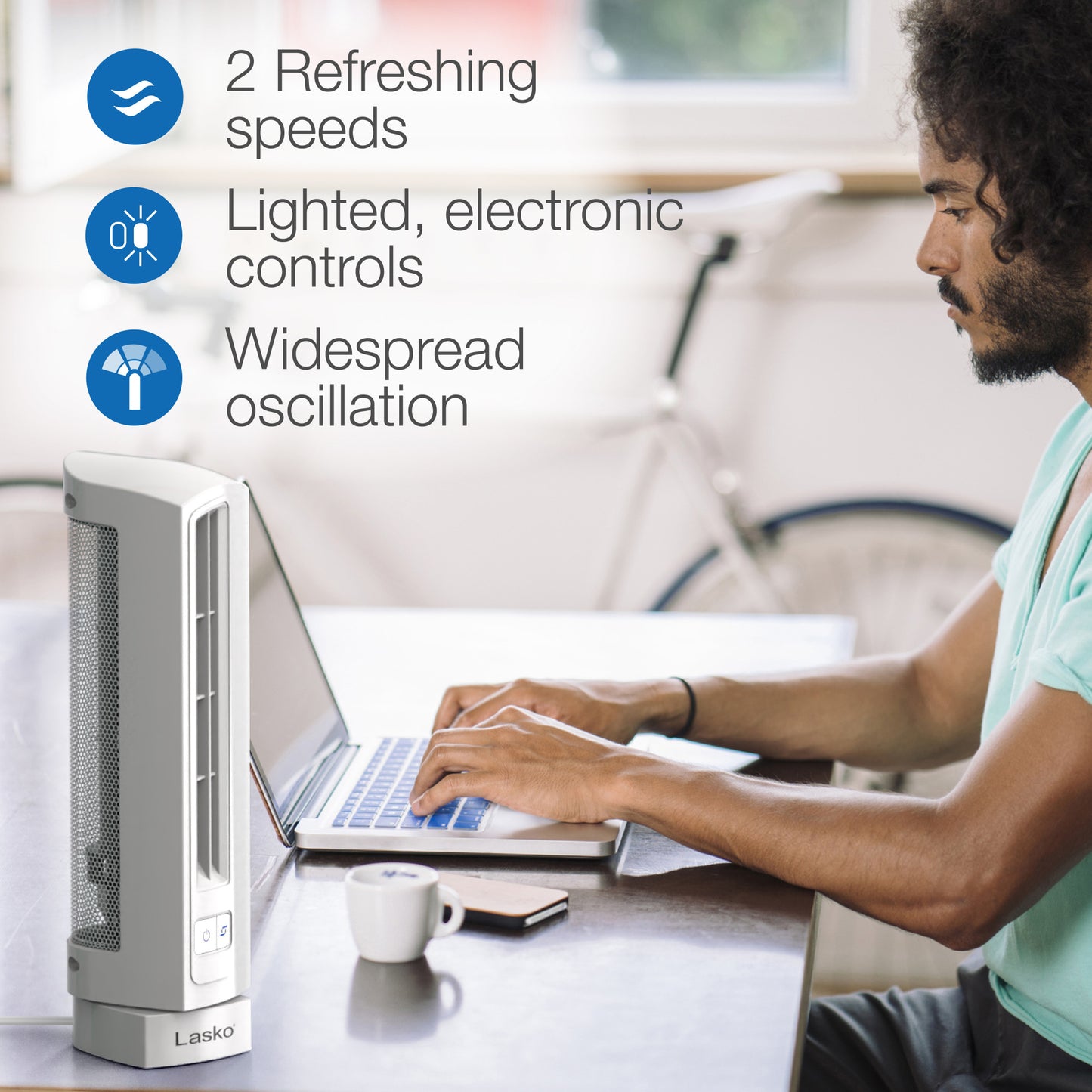 Lasko Air Stik 14" Oscillating Ultra-Slim Tabletop Fan, T14100, White