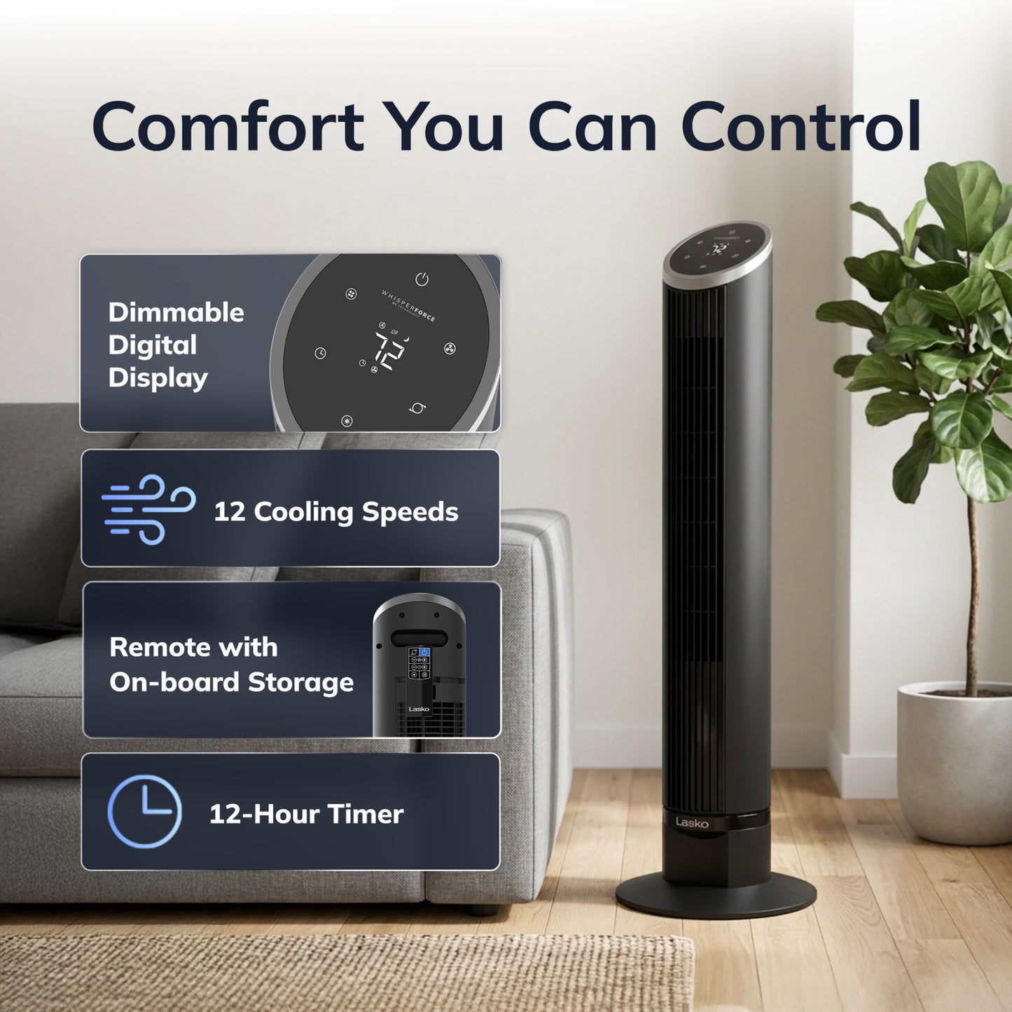 Lasko WhisperForce™ DC 36" Tower Fan (12-speed, remote, timer, air filtration, black)