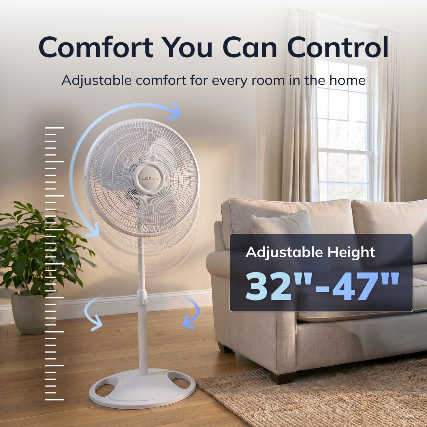 Lasko 16" Pedestal Fan: Oscillating, 3-Speed, Adjustable Height, White