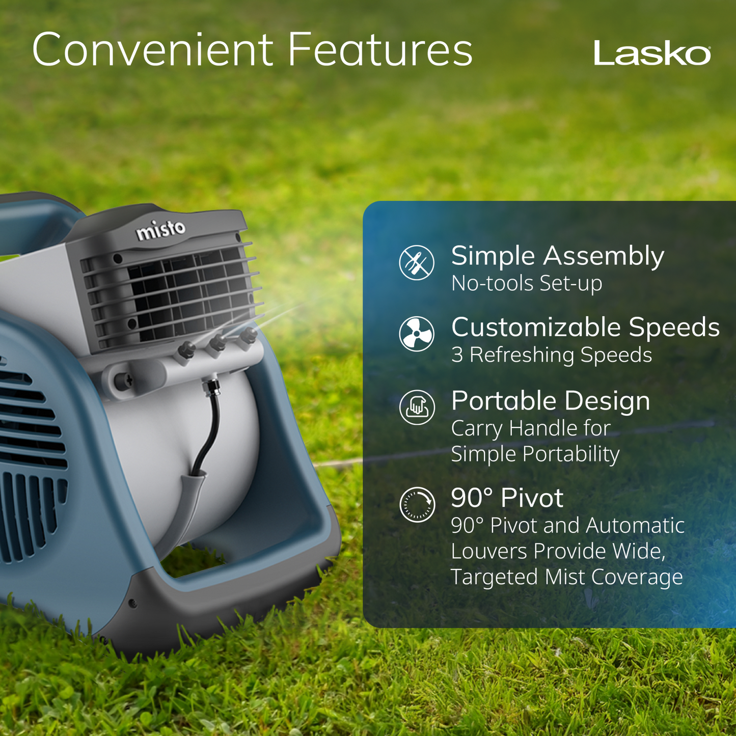 Lasko 15" Pivoting Misto Outdoor Misting Fan with GFCI Cord and 3 Speeds, 7054, Blue